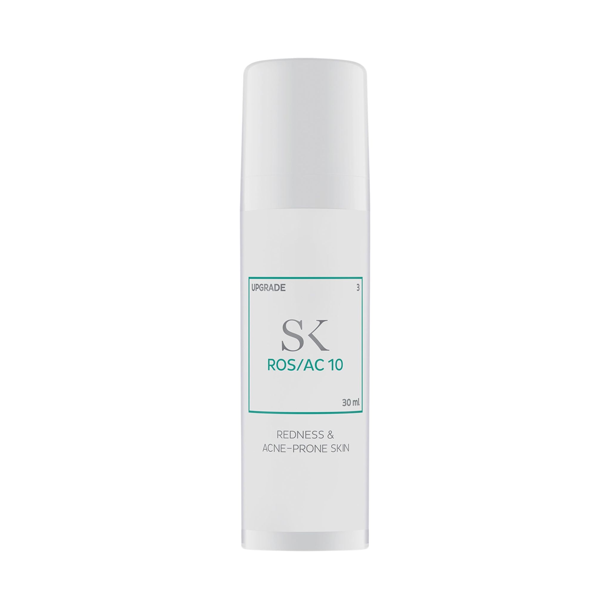 Flacon blanc avec étiquette verte. Inscription : SK ROS/AC 10, 30 ml. Texte : Redness & Acne-Prone Skin.