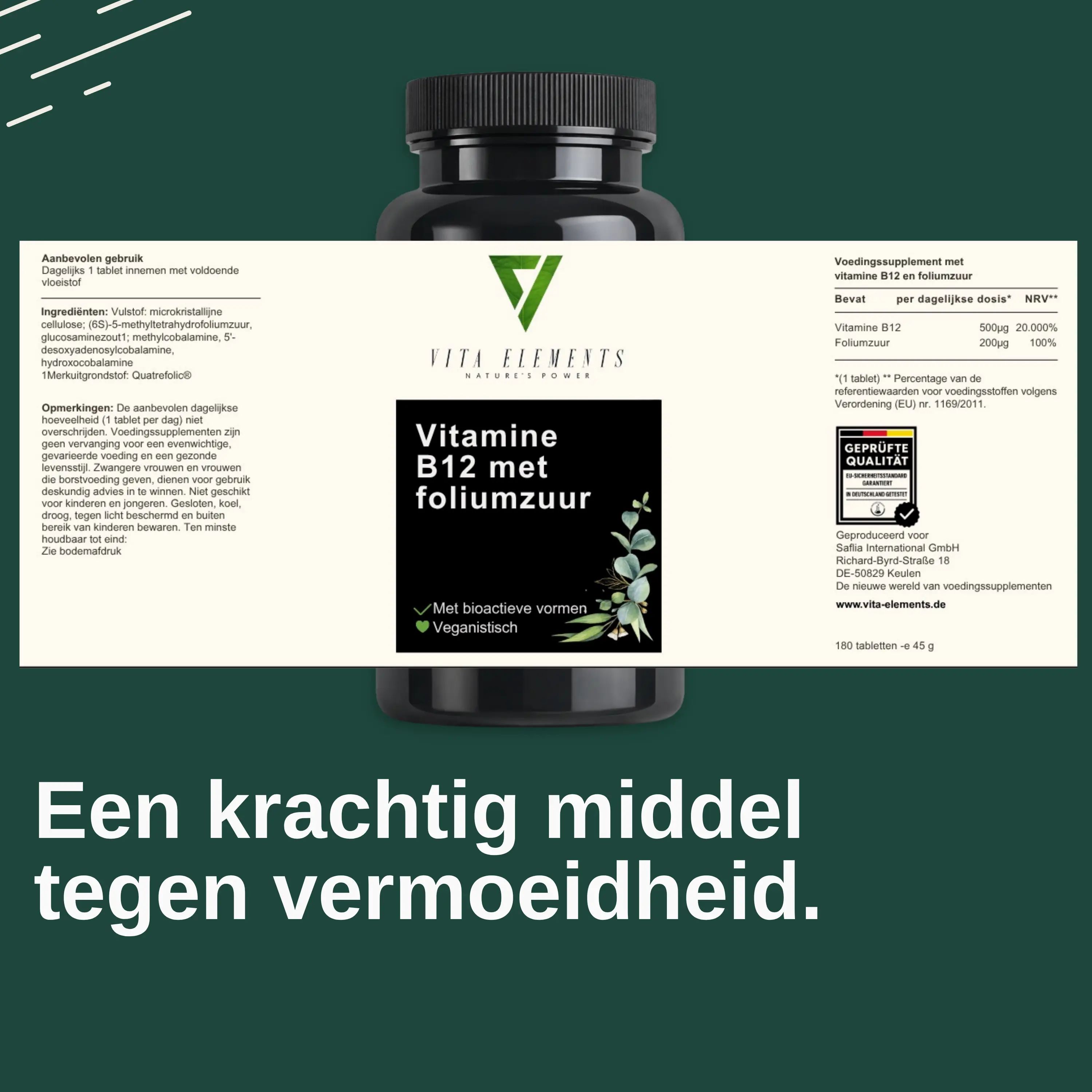 Achterkant van de Vita Elements Vitamine B12 pot met voedingswaarde-informatie en zegel.