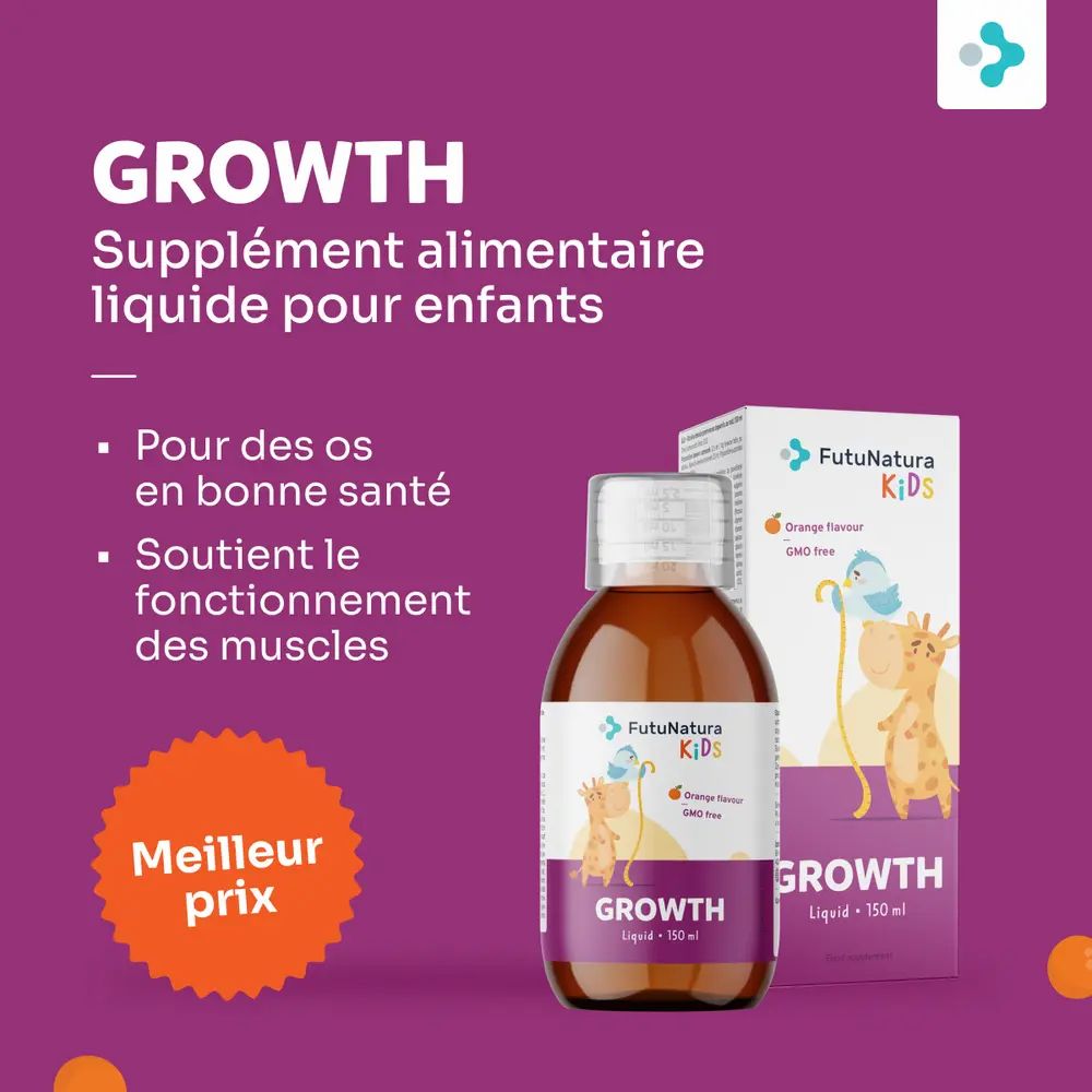 Produit: FutuNatura Kids Growth. Bouteille et boîte. Inscription: Pour des os en bonne santé. Meilleur prix.
