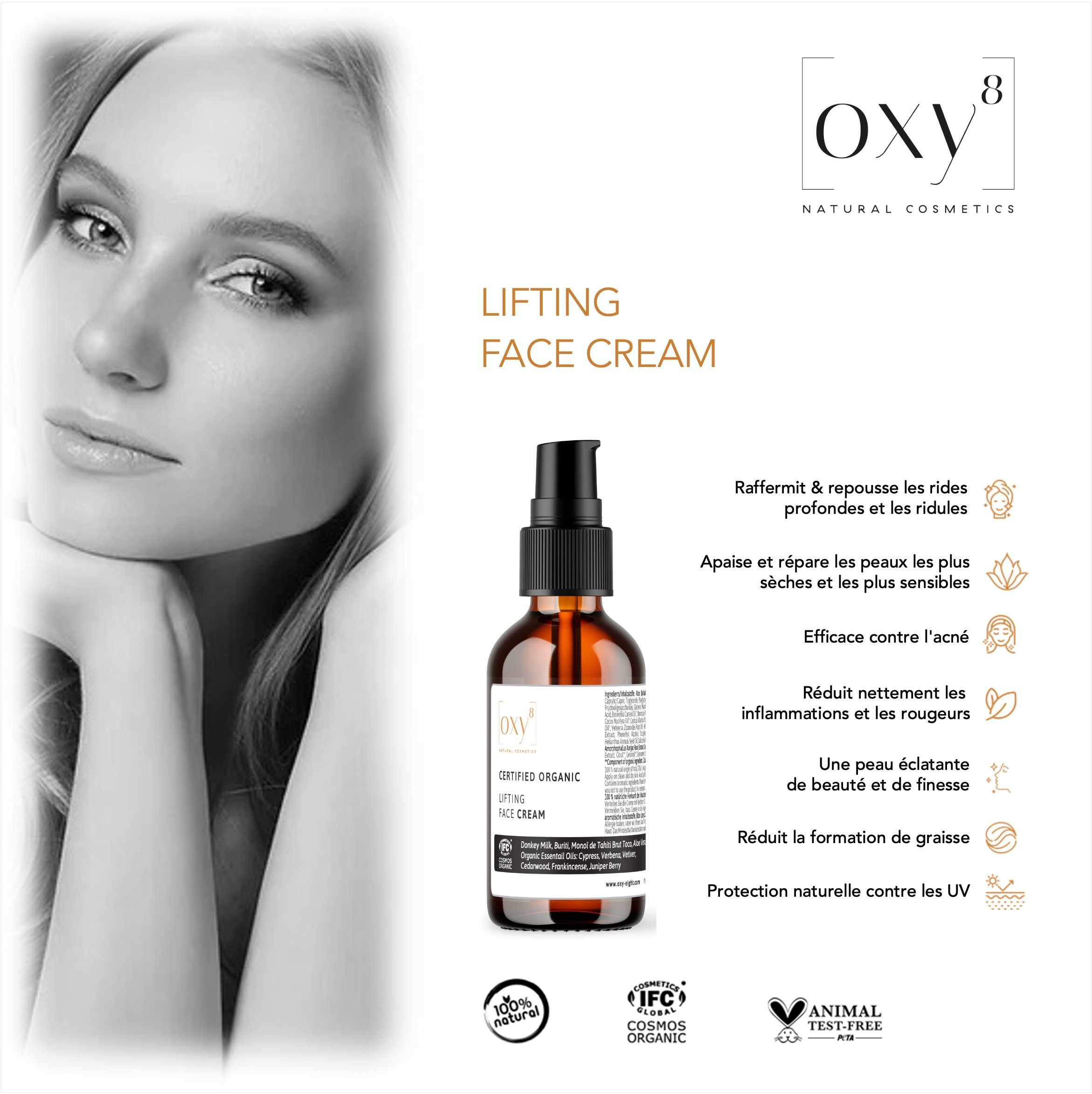 oxy8 Natural Cosmetics LIFTING FACE CREAM – Apaise les peaux les plus sensibles & les plus sèches