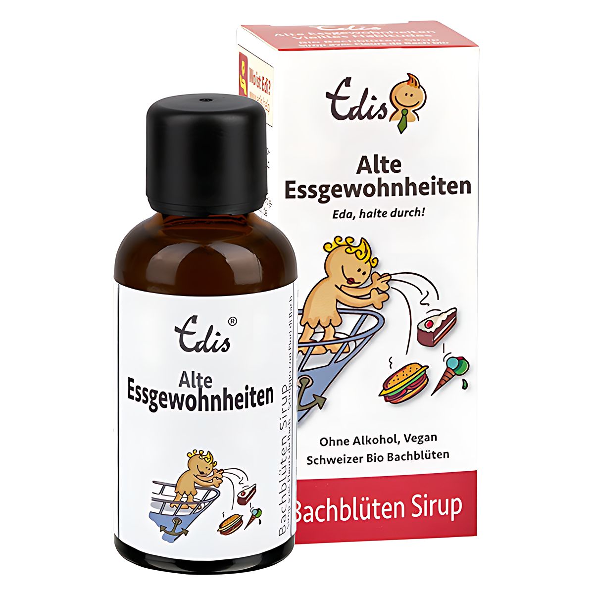 Bruine fles en doos. Opschrift: Edis Alte Essgewohnheiten. Illustratie: kind gooit eten weg. Zonder alcohol, vegan.