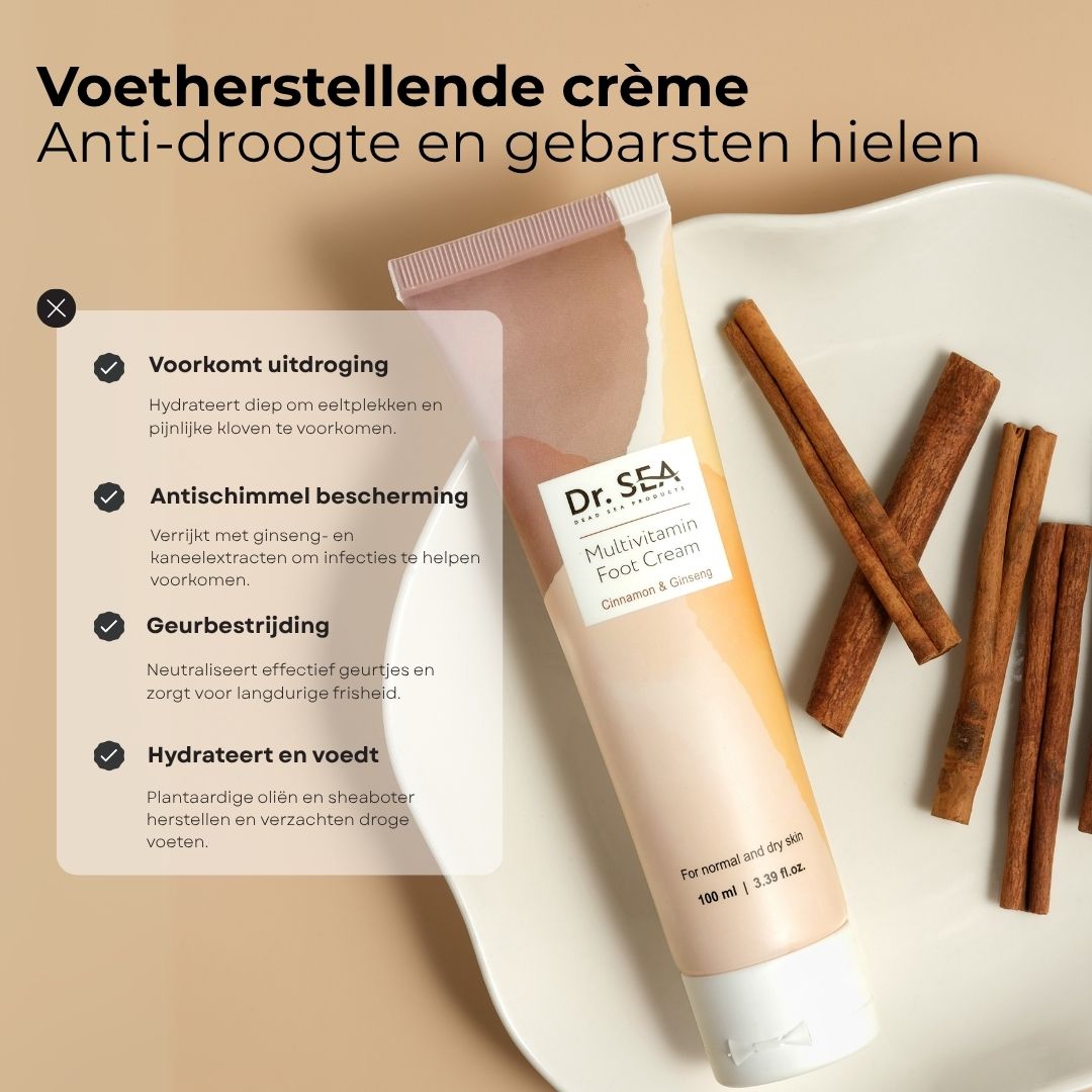 Crèmetube "Dr. SEA Multivitamin Foot Cream" met kaneelstokjes. Tekst: Voetherstellende crème Anti-droogte en gebarsten hielen.