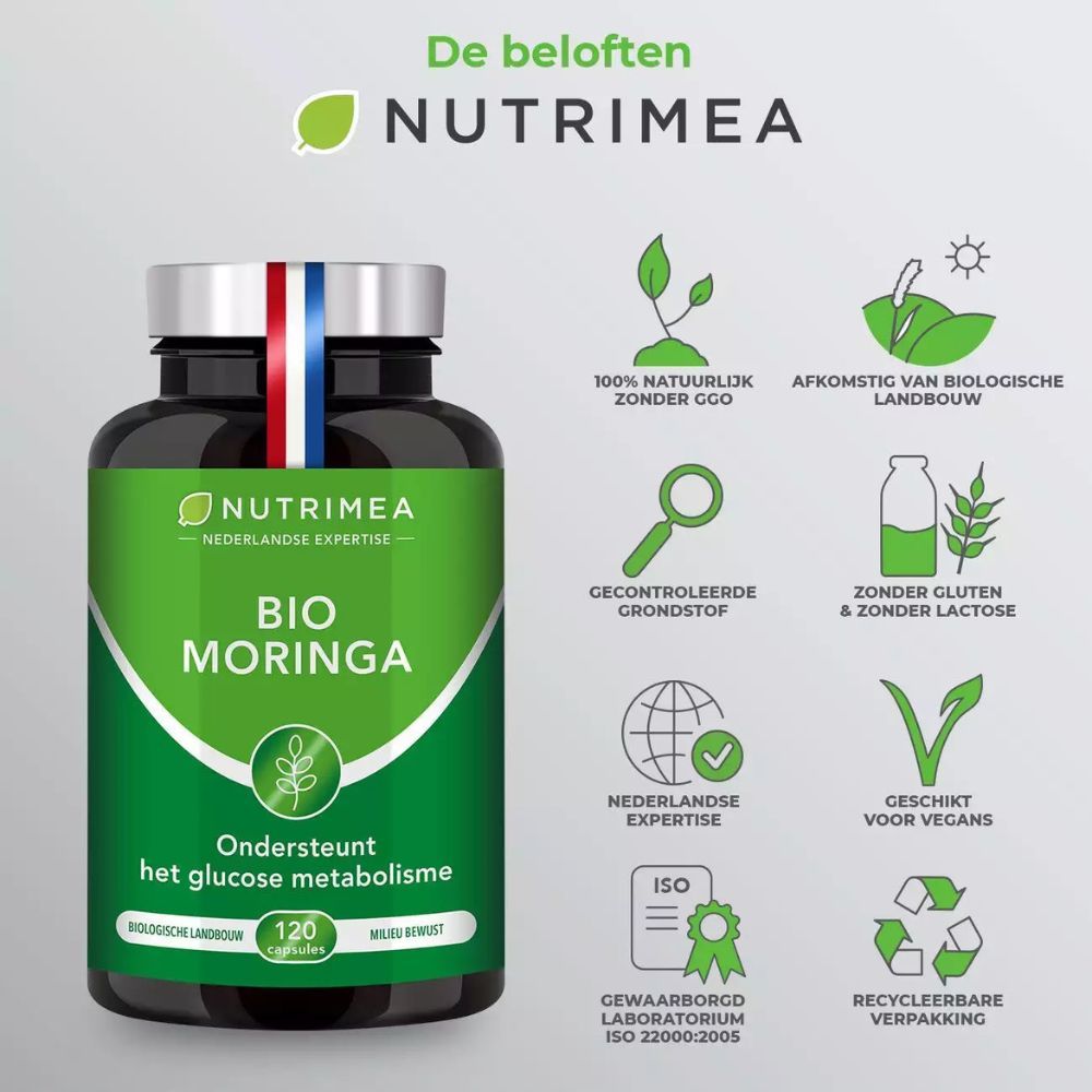Fles BIO Moringa, 120 capsules. Voordelen: 100% natuurlijk, veganistisch, zonder gluten en lactose.