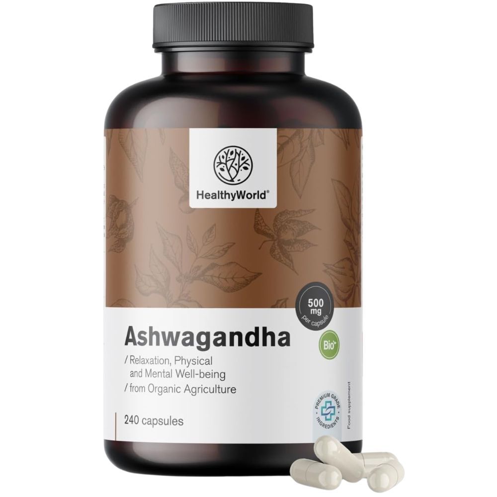 Bruine fles Ashwagandha 500 mg, 240 capsules. HealthyWorld logo. Witte capsules zichtbaar. Bio label.