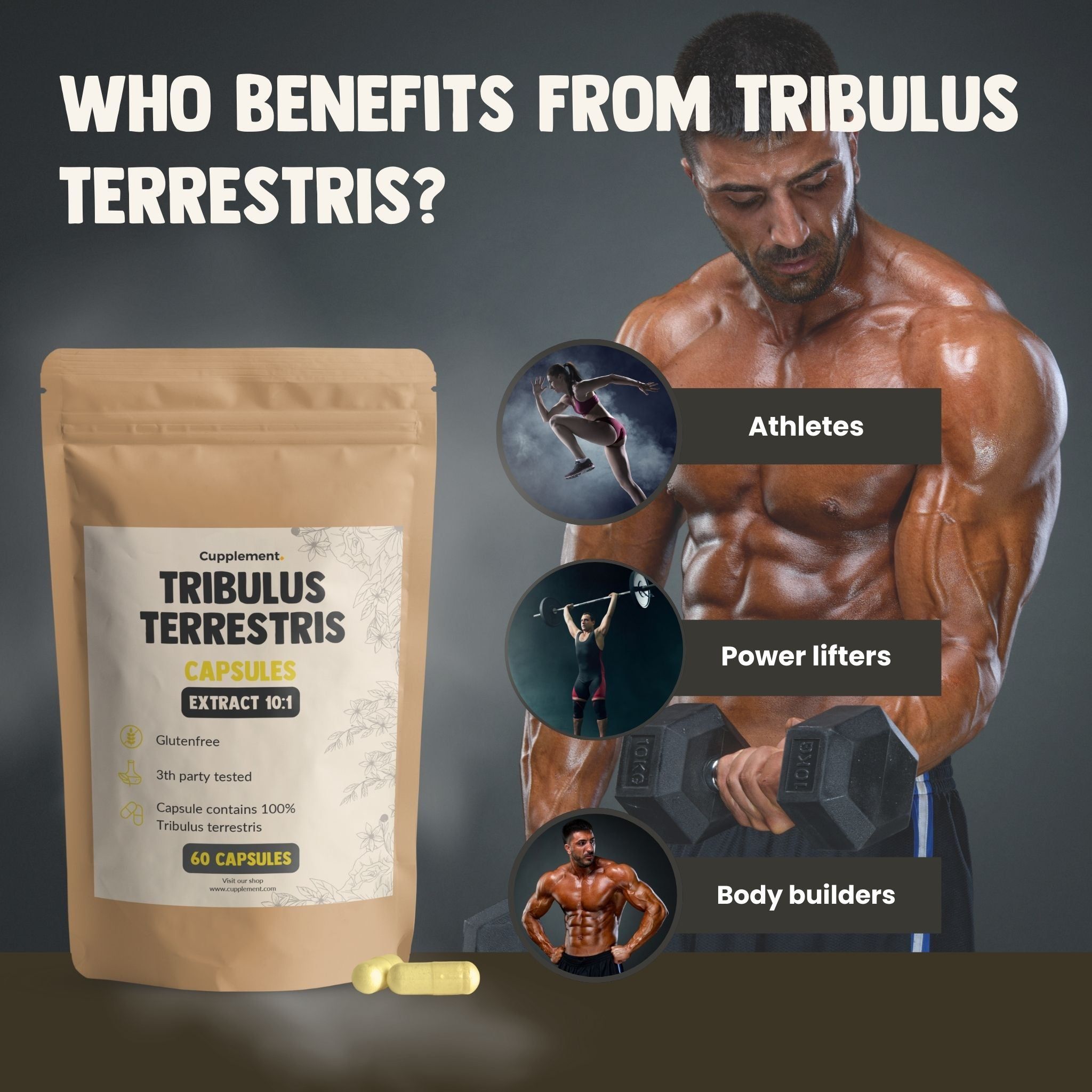 Verpakking en capsules. Tekst: Wie profiteert van Tribulus Terrestris? Atleten, powerlifters, bodybuilders.