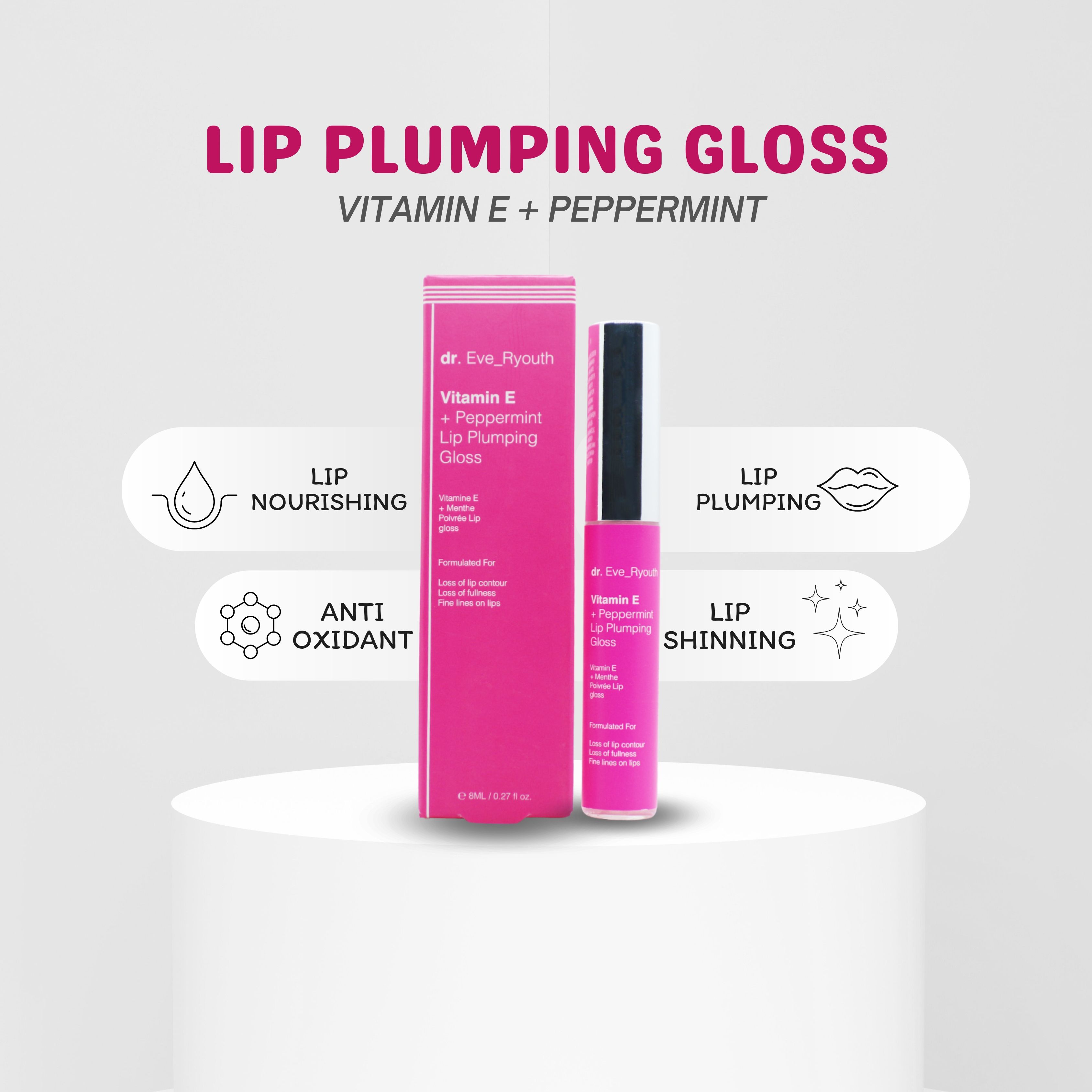 Emballage rose et gloss repulpant. Inscription: Vitamine E + Menthe poivrée. Produit sur socle blanc.