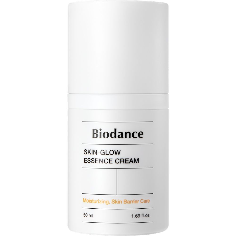 Flacon blanc "Biodance Skin-Glow Essence Cream". Contient 50 ml. Texte : Moisturizing, Skin Barrier Care.