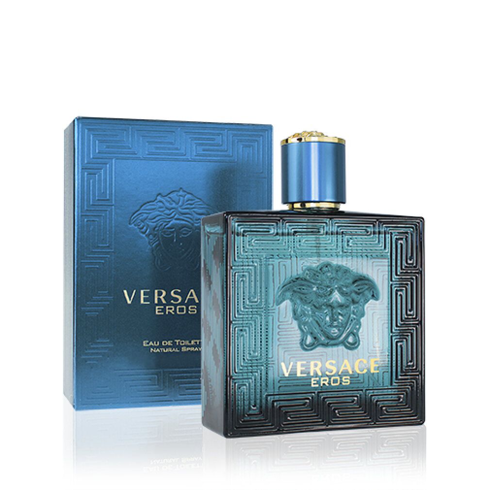 Turquoise fles en doos. Reliëfpatroon en Medusa-logo. Opschrift VERSACE EROS. Eau de Toilette.