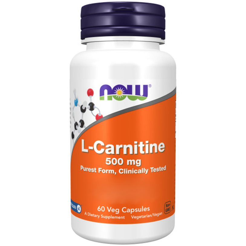 Witte supplementfles met blauwe dop. Opschrift: NOW, L-Carnitine 500mg. 60 Veggie capsules. Vegetarisch/Veganistisch.