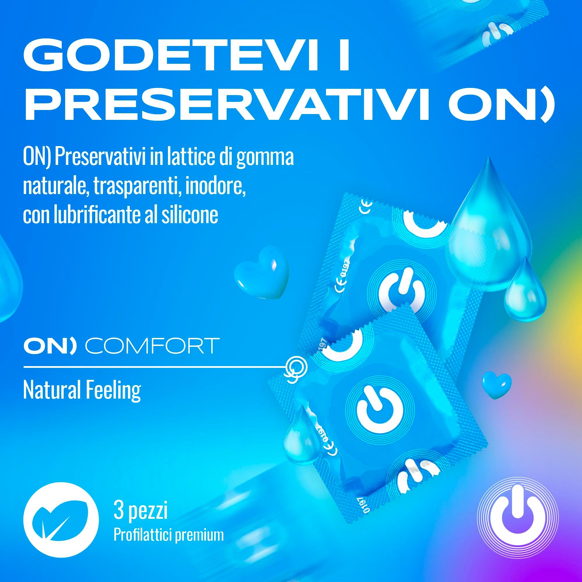 Emballage de trois préservatifs ON) Natural Feeling, bleu avec logo.