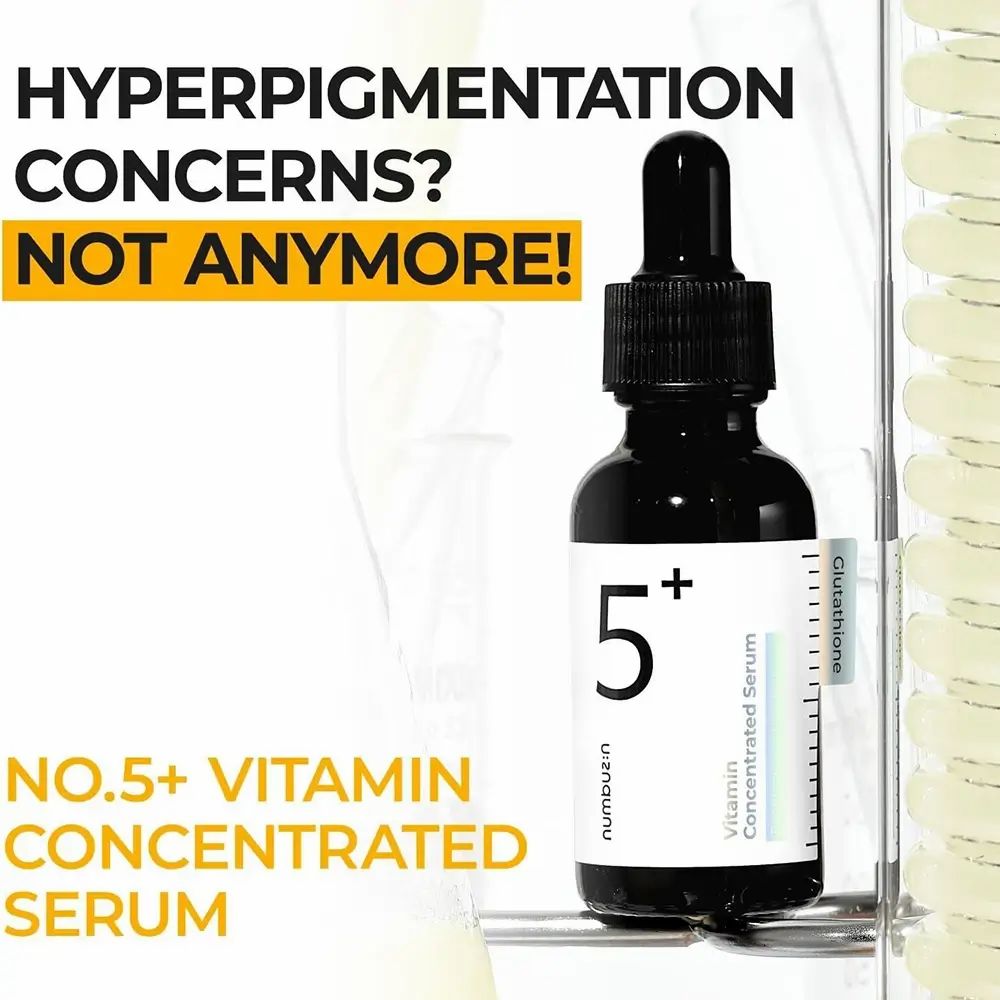 Texte: HYPERPIGMENTATION CONCERNS? NOT ANYMORE! NO.5+ VITAMIN CONCENTRATED SERUM. Flacon noir avec pipette.