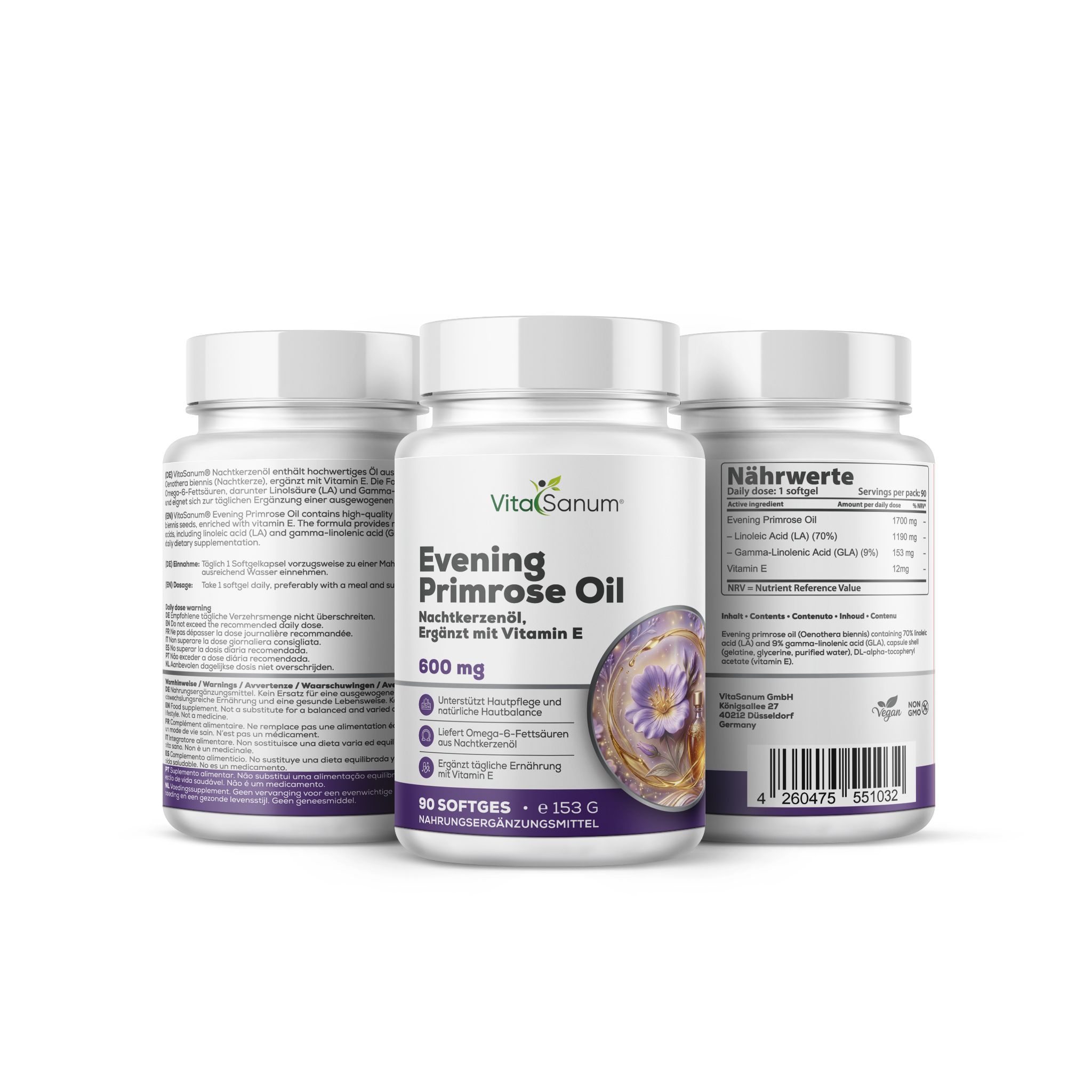 Drie flessen VitaSanum Teunisbloemolie, 600 mg, 90 softgels per fles.