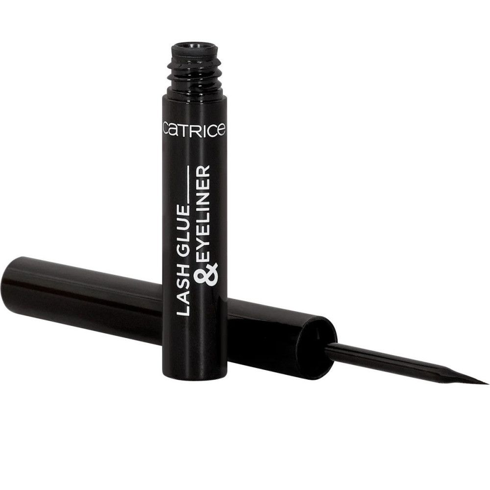 Eyeliner et colle à cils noirs. Flacon et applicateur. Inscription: LASH GLUE & EYELINER. Marque: Catrice.
