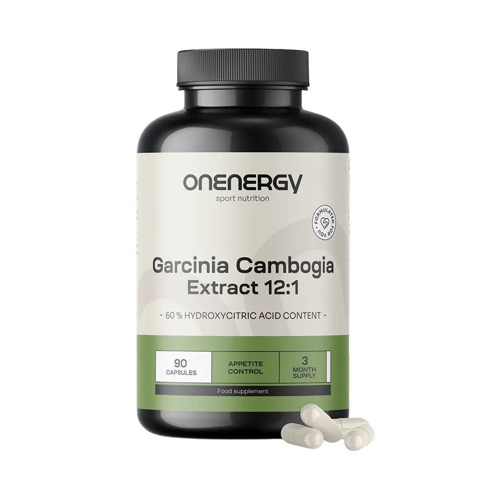 Zwarte fles OnEnergy Garcinia Cambogia Extract 12:1. 90 capsules, 3 maanden voorraad. Groene labeldetails.