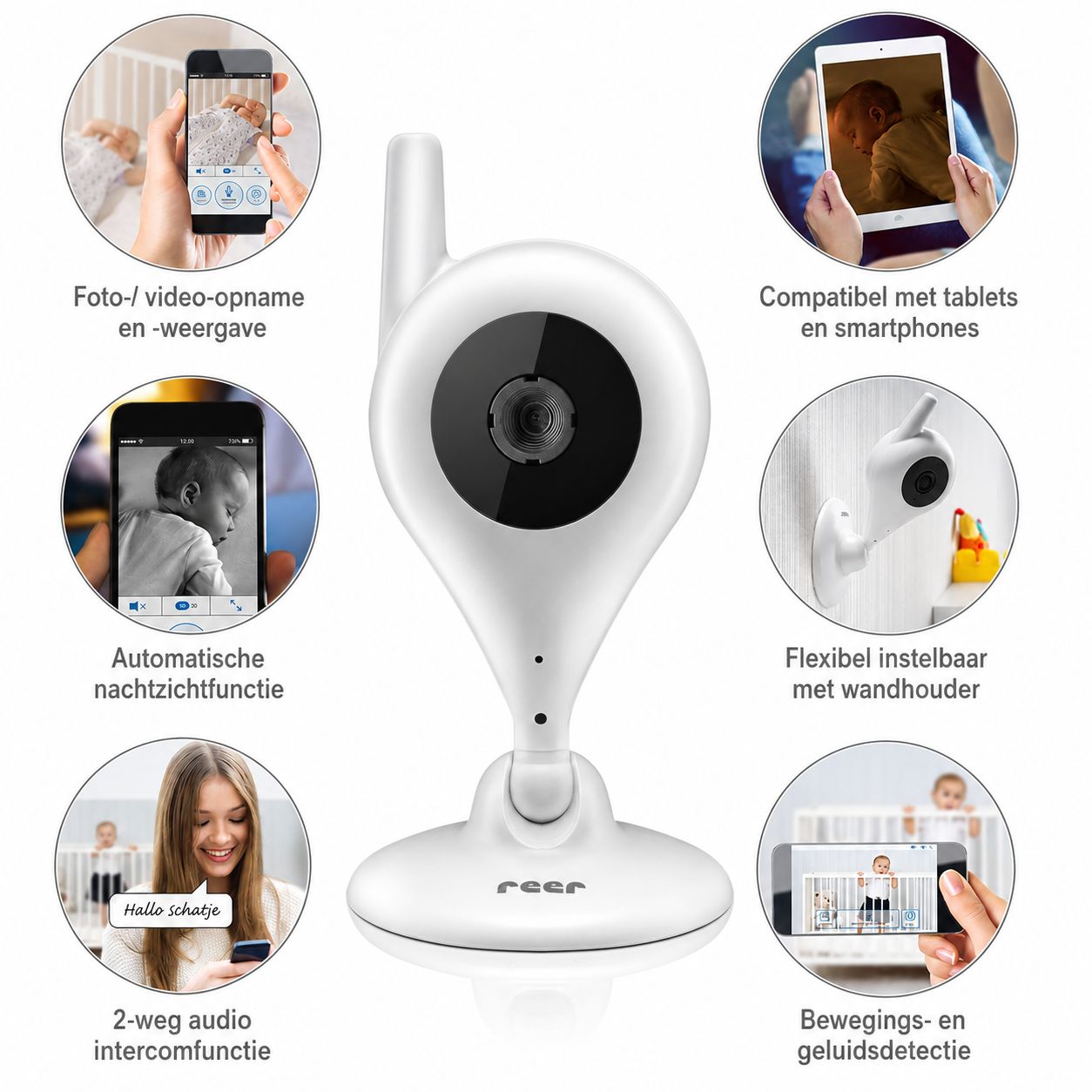 Witte babyfoon met camera, luidspreker en microfoon. Het 'reer' logo is zichtbaar op de voet.