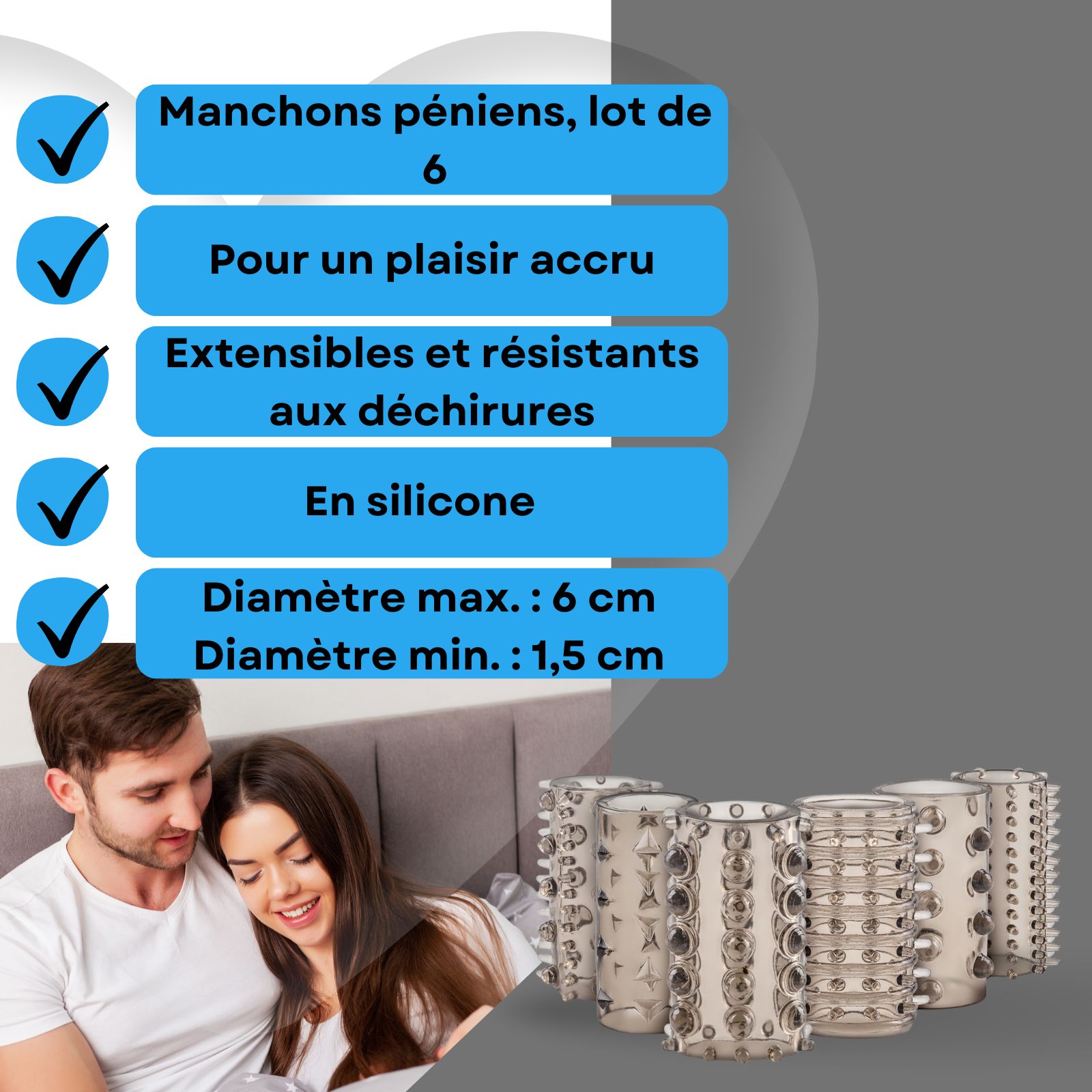 Image produit avec texte : Manchons péniens, lot de 6, pour plus de plaisir, en silicone.