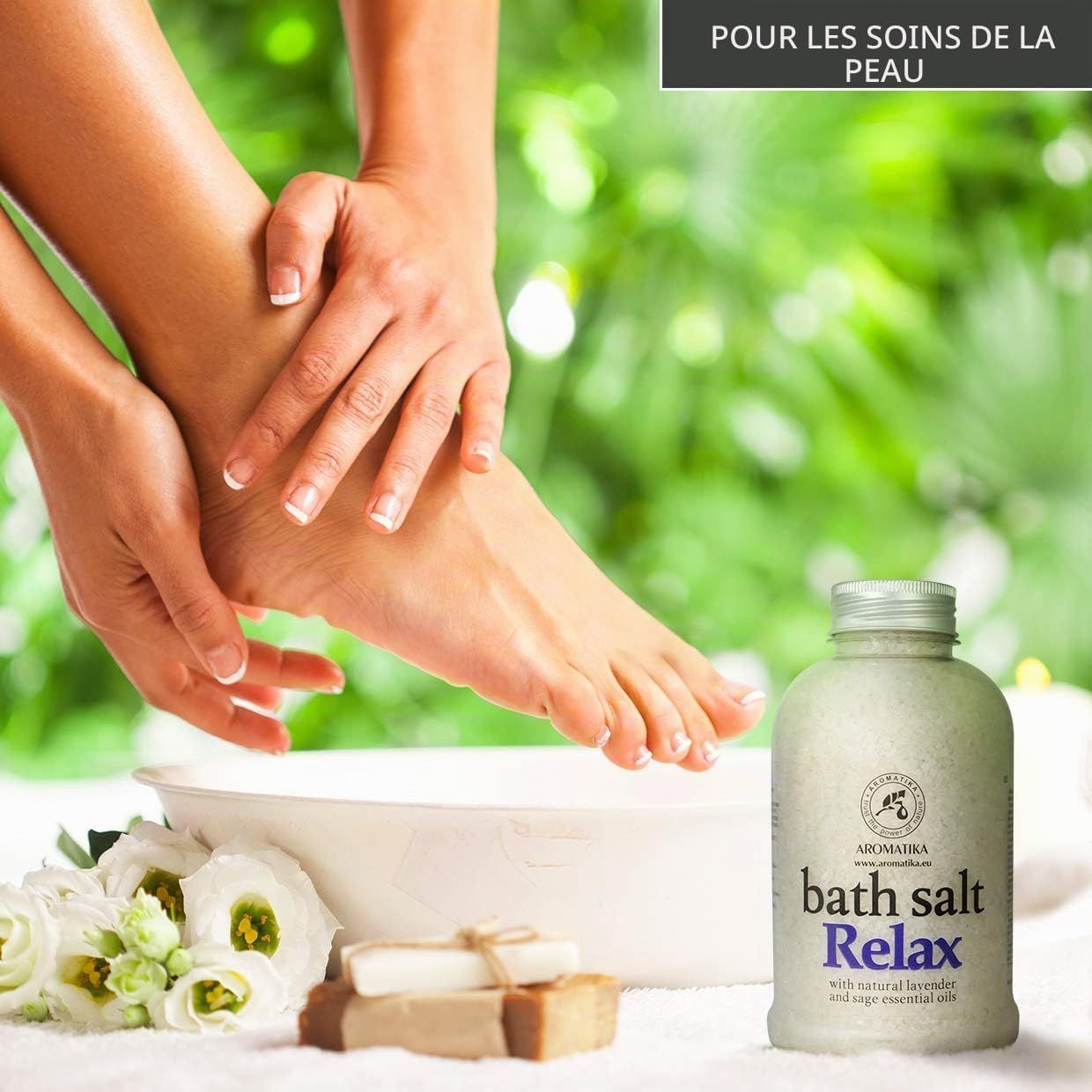 Bouteille de sel de bain 'Relax' aux huiles de lavande et de sauge.