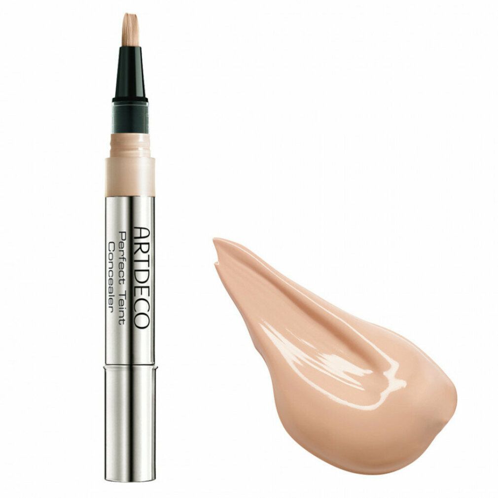 Artdeco Perfect Teint Concealer, zilveren huls, punt met product. Daarnaast een veeg.