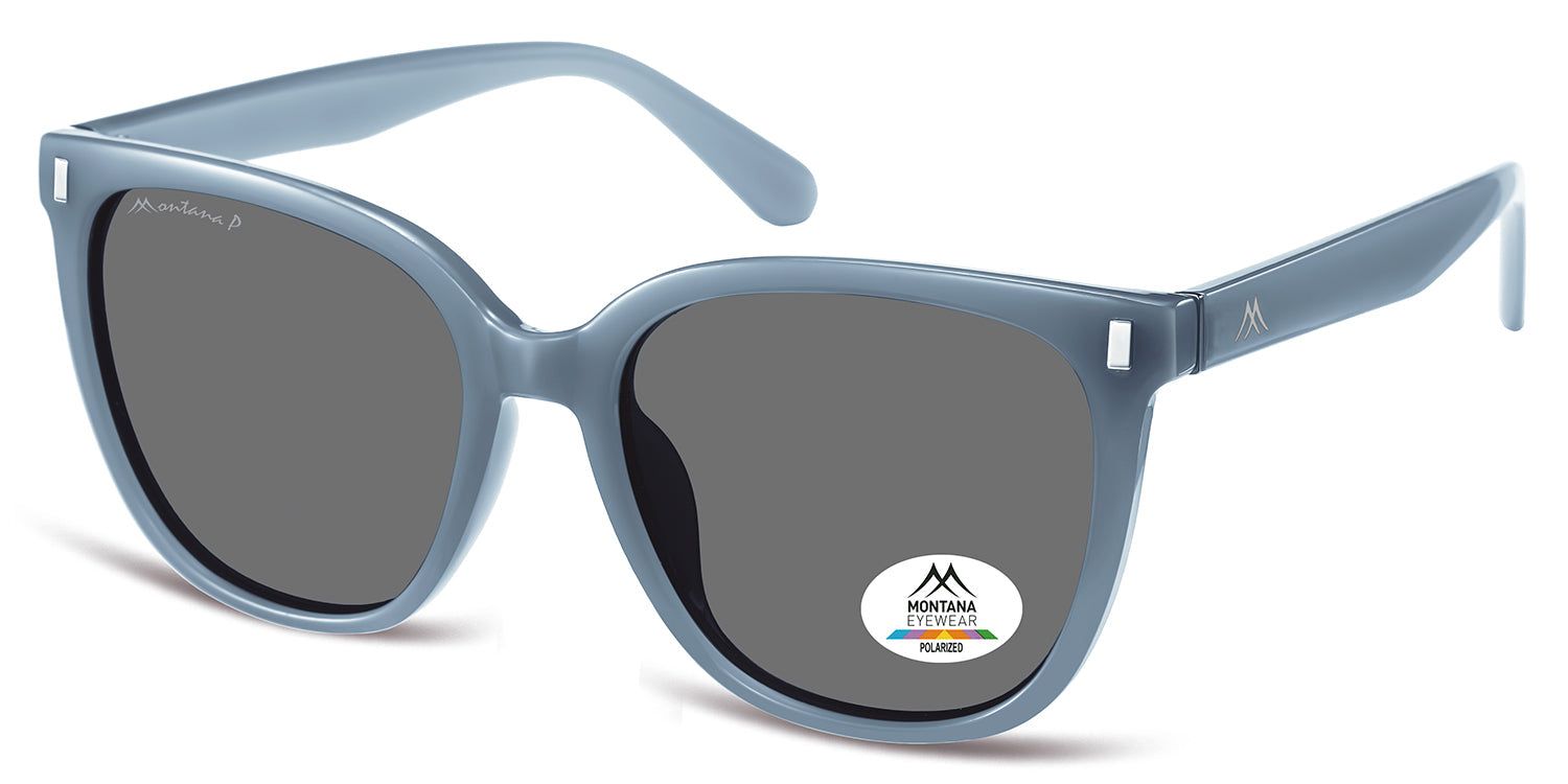 Lunettes de soleil bleues, vue latérale. Logo Montana Eyewear sur la branche et le verre. Autocollant polarisé.