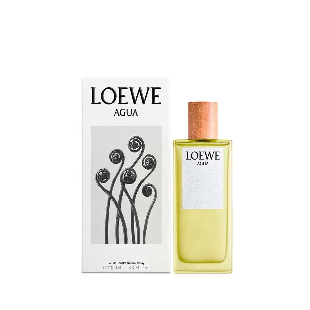 Loewe Agua Eau de Toilette fles en verpakking. Rechthoekige fles met houten dop. Witte verpakking met logo.