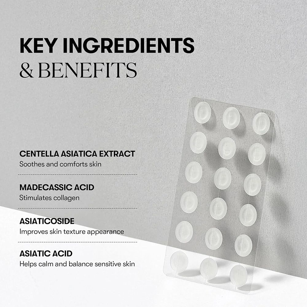 Blisterverpakking met ronde pleisters. Tekst: Ingrediënten en voordelen. Centella Asiatica-extract, madecassinezuur, etc.