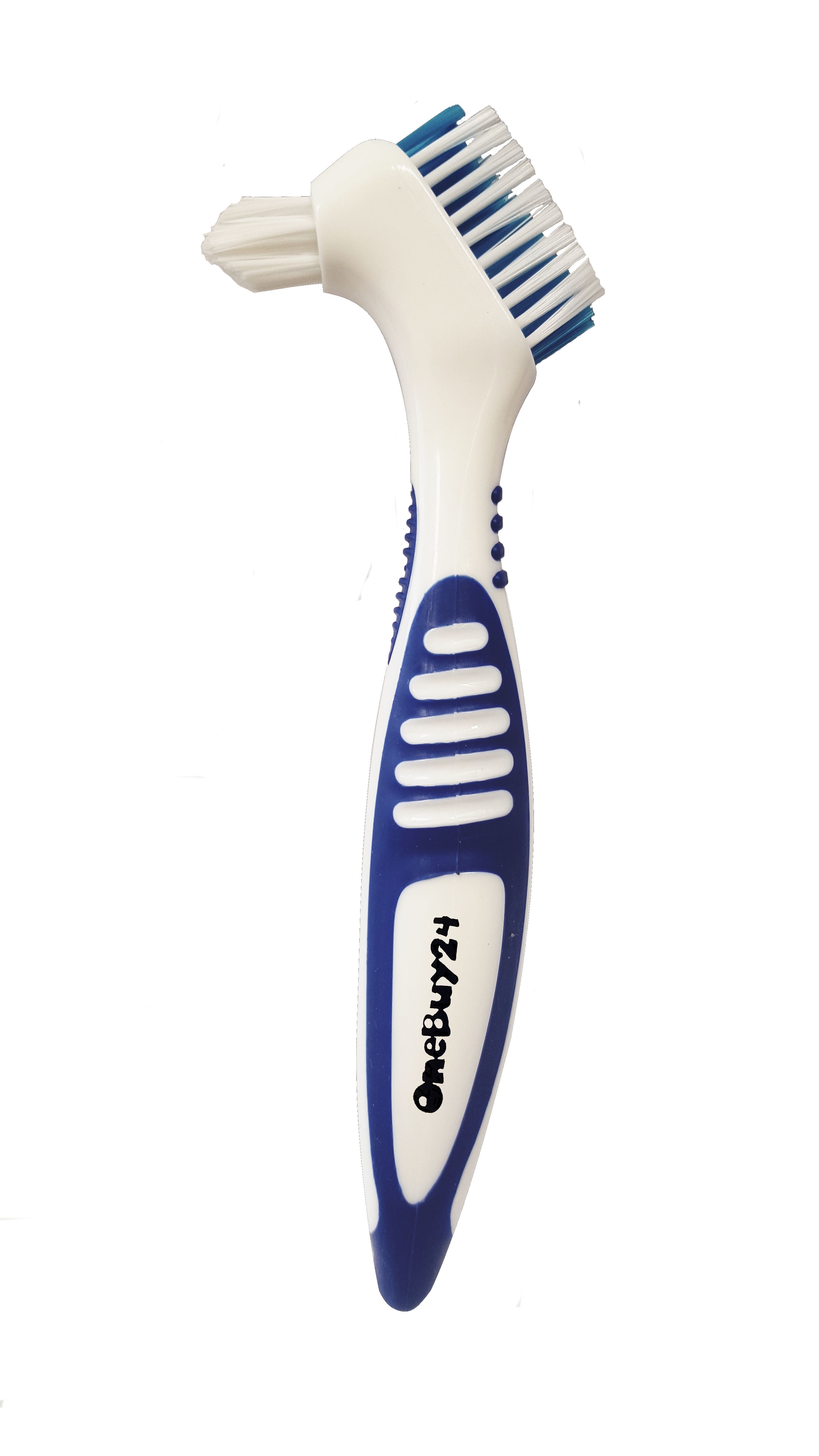 Brosse à dents pour prothèses avec manche bleu. Marque : OneBuy24. Soies bleues. Tête de brosse blanche.