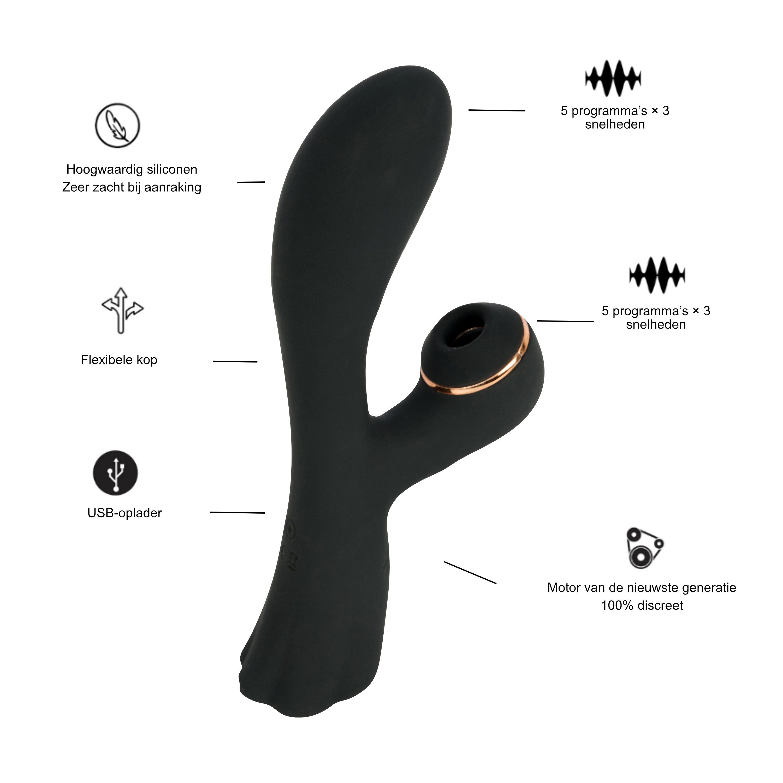 Zwarte vibrator met iconen voor siliconen, flexibele kop, USB-laden en 5 programma's.