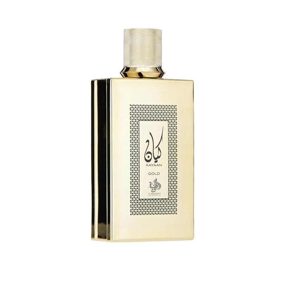 Flacon doré avec bouchon doré. Inscription en arabe et en anglais : Kayaan Gold.