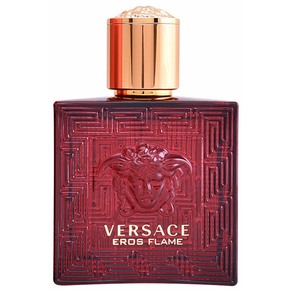 Versace Eros Flame Eau de Parfum fles met Medusa-hoofd en gouden dop.