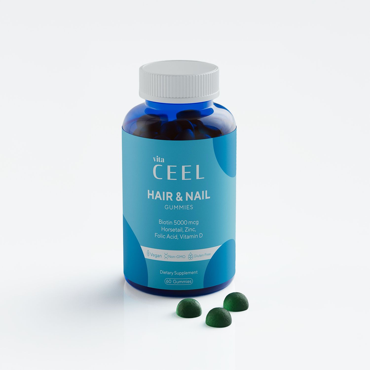 Bouteille de Vita CEEL Hair & Nail Gummies. Contient biotine, zinc, acide folique, vitamine D. Trois bonbons gélifiés verts à côté.