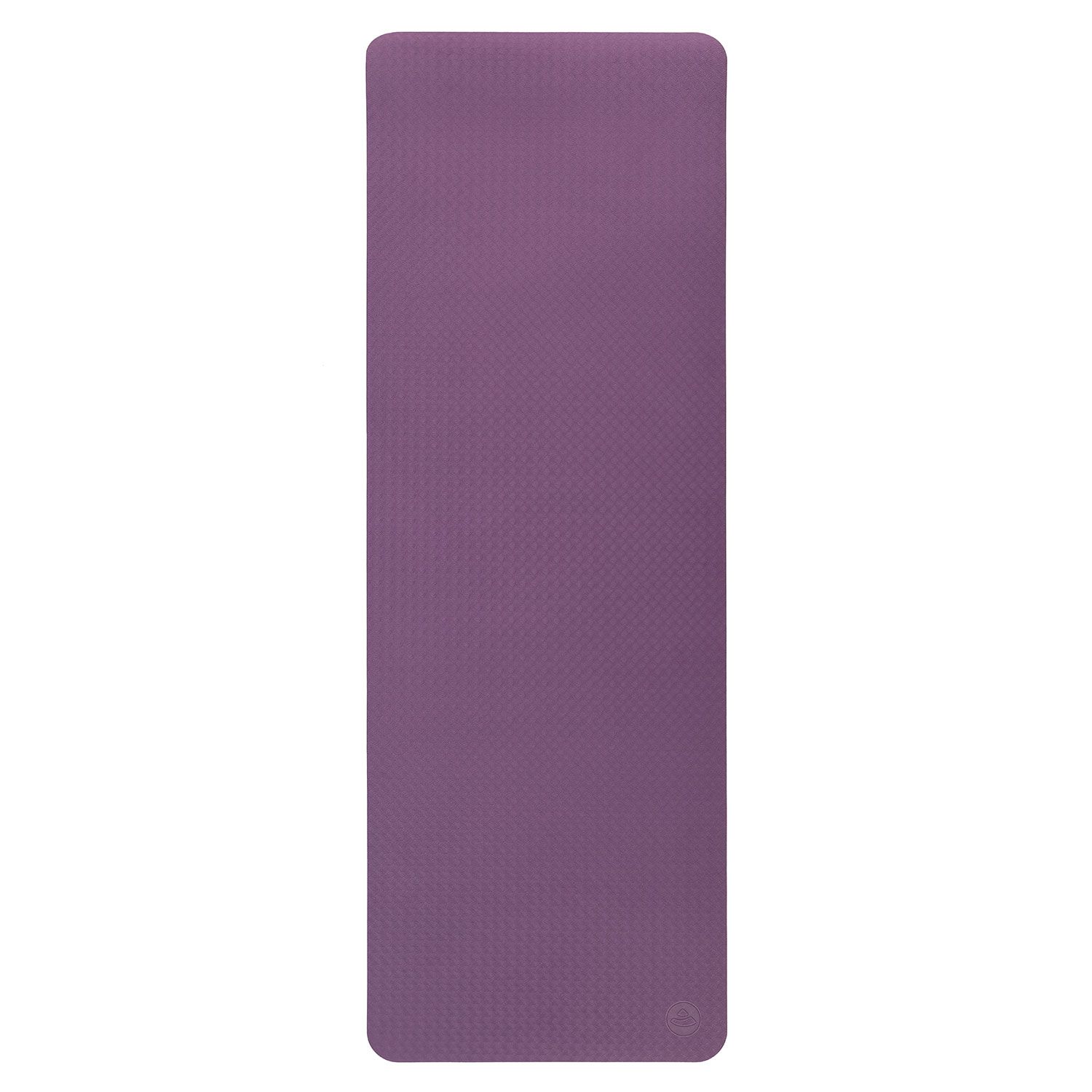 Uitgerolde, rechthoekige yogamat. Paars met reliëf. Klein logo rechtsonder.