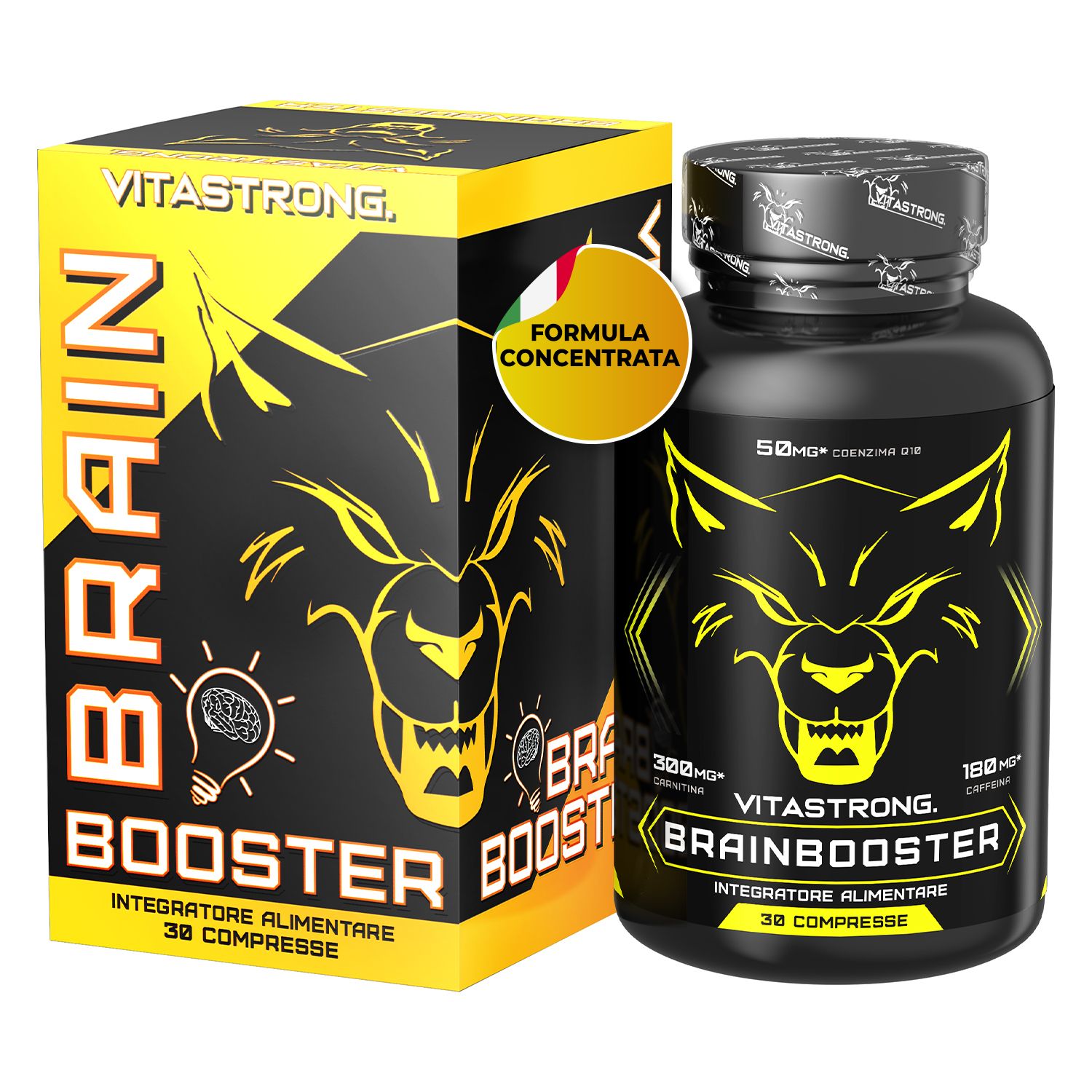 Vitastrong Brainbooster doos en fles. Zwarte fles met geel etiket. 30 tabletten.