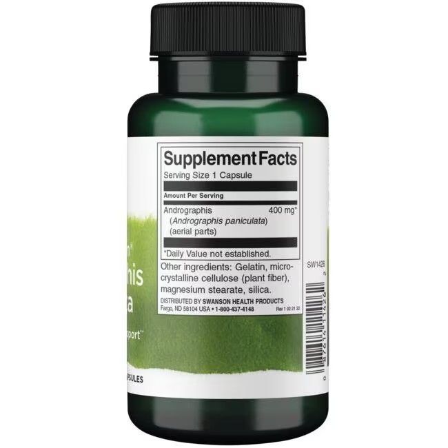 Arrière d'une gélule verte avec étiquette blanche : SWANSON Andrographis Paniculata, informations nutritionnelles, 400 mg.