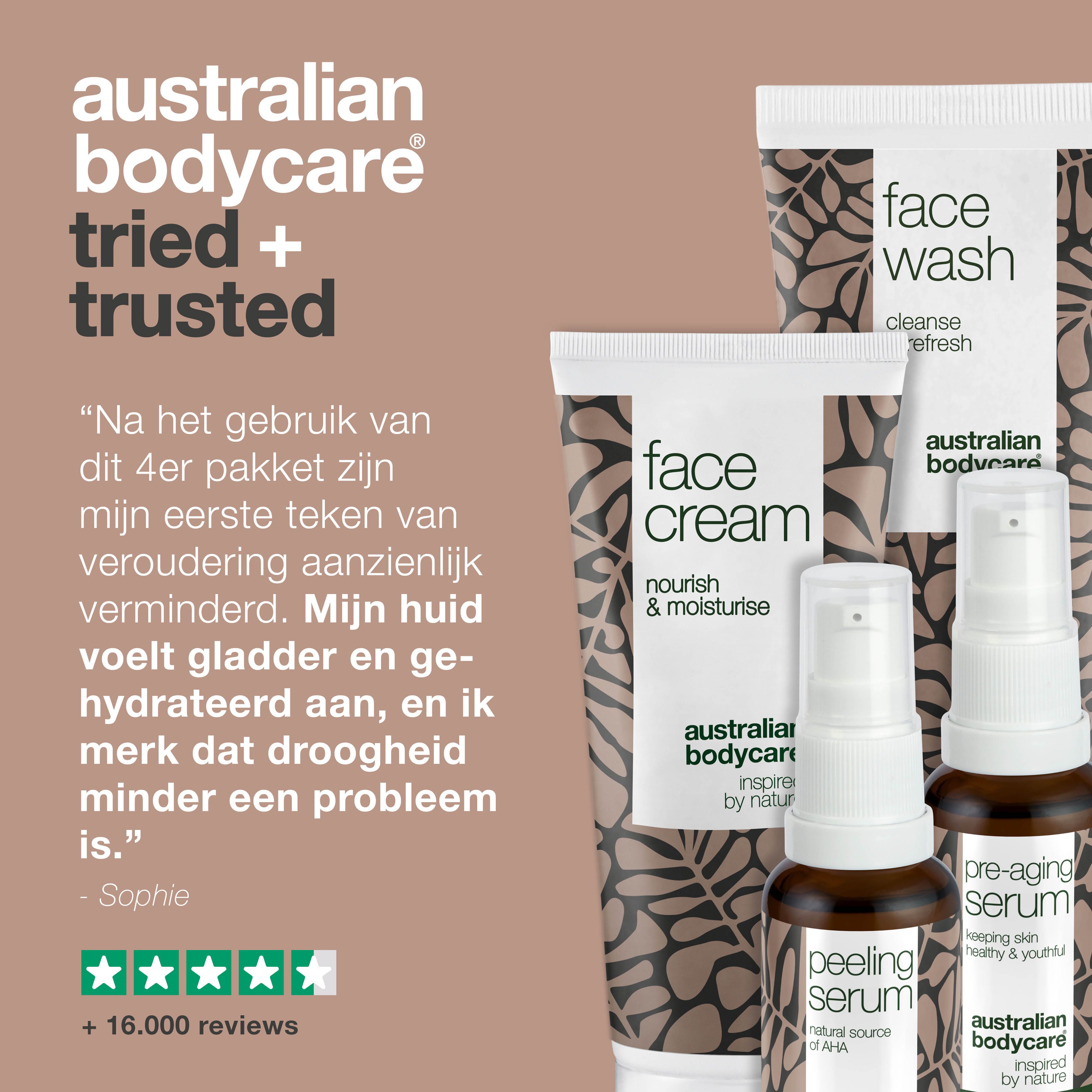 Vier producten. Tekst: review met 5 sterren. Meer dan 16.000 reviews. Citaat: mijn huid is gladder en gehydrateerd.