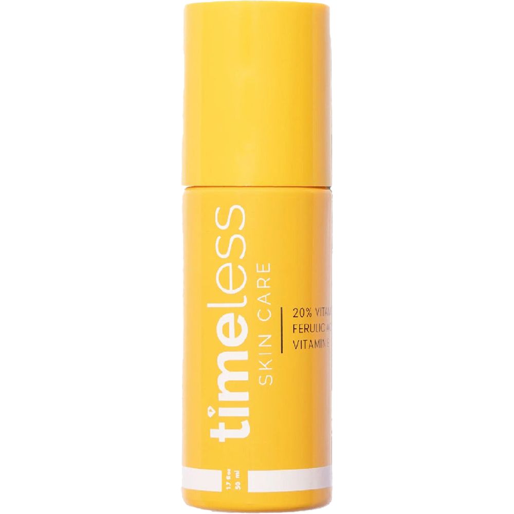 Gele fles met wit etiket. Opschrift: timeless skin care. Bevat 20% vitamine C, ferulazuur, vitamine E. Met sproeikop.