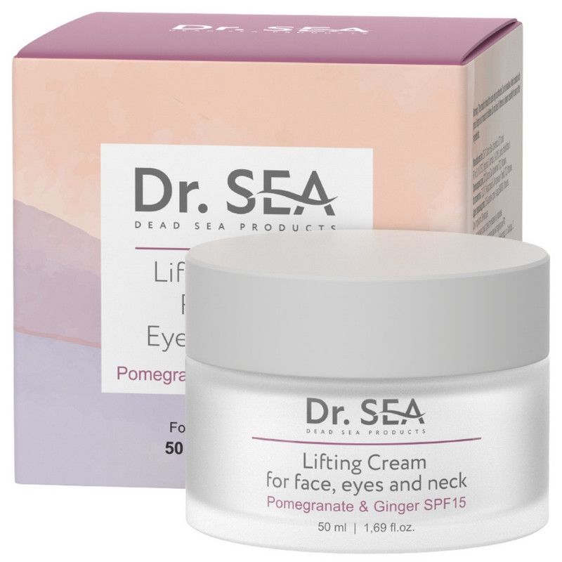 Crèmepot met deksel en verpakking. Opschrift: Dr. SEA, Lifting Cream, Granaatappel & Gember, SPF15.