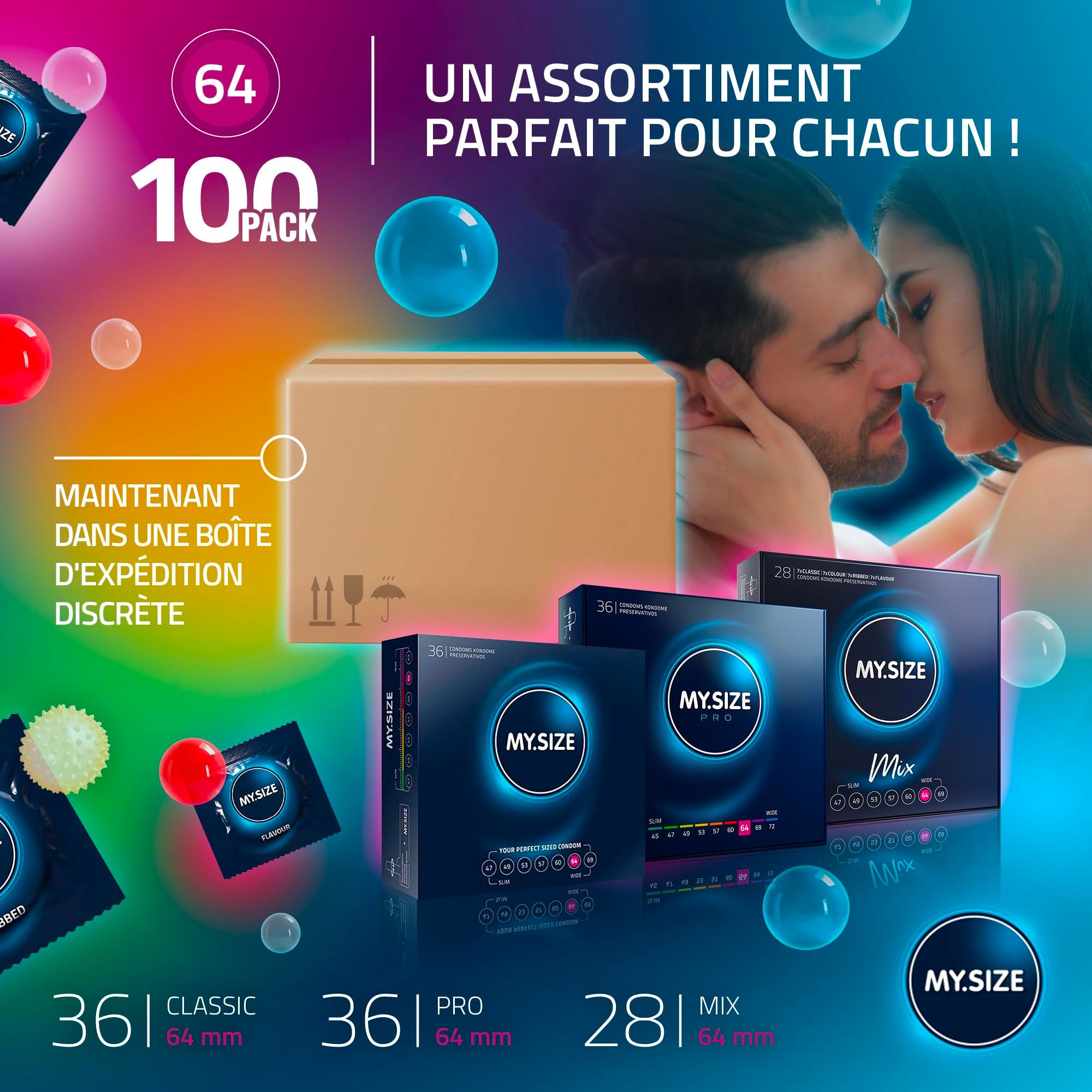 Pack de 64 préservatifs MY.SIZE, lot de 100, différentes tailles.