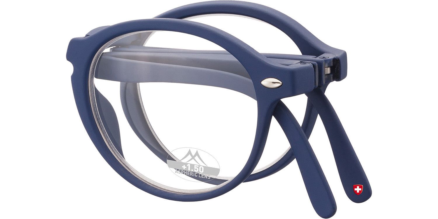 Lunettes de lecture bleues pliées. Croix suisse sur la branche. Logo Montana Eyewear et +1.50.