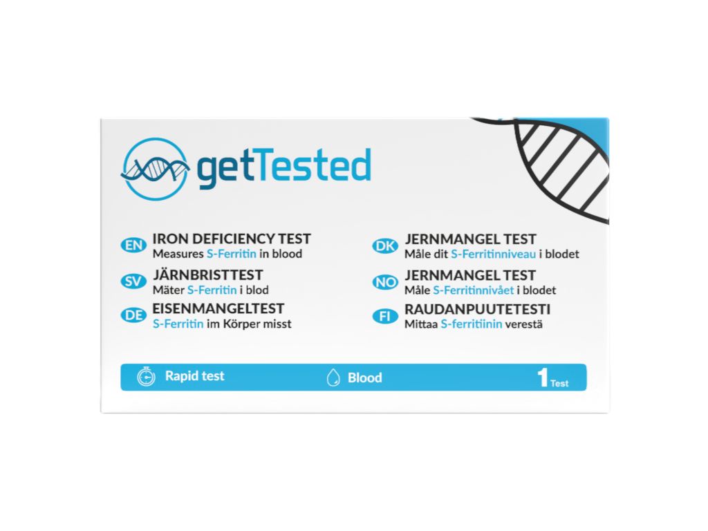 Emballage du test de carence en fer GetTested. Contient des informations en plusieurs langues. Affiche le logo et la mention 'IRON DEFICIENCY TEST'.