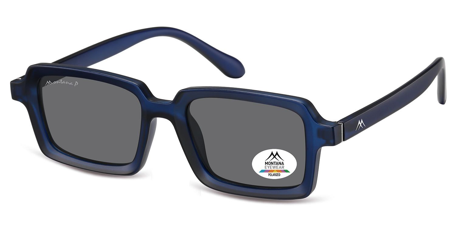 Lunettes de soleil bleues, verres rectangulaires, logo 'Montana Eyewear' sur le verre. Verres polarisés. Branches avec logo.