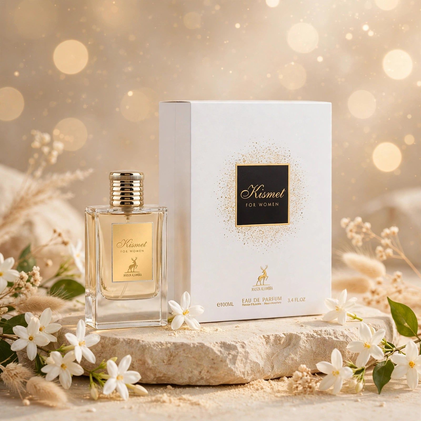 Coffret cadeau ouvert avec flacon de parfum "Kismet for Women" par JAY PARFUMS, 100ml.