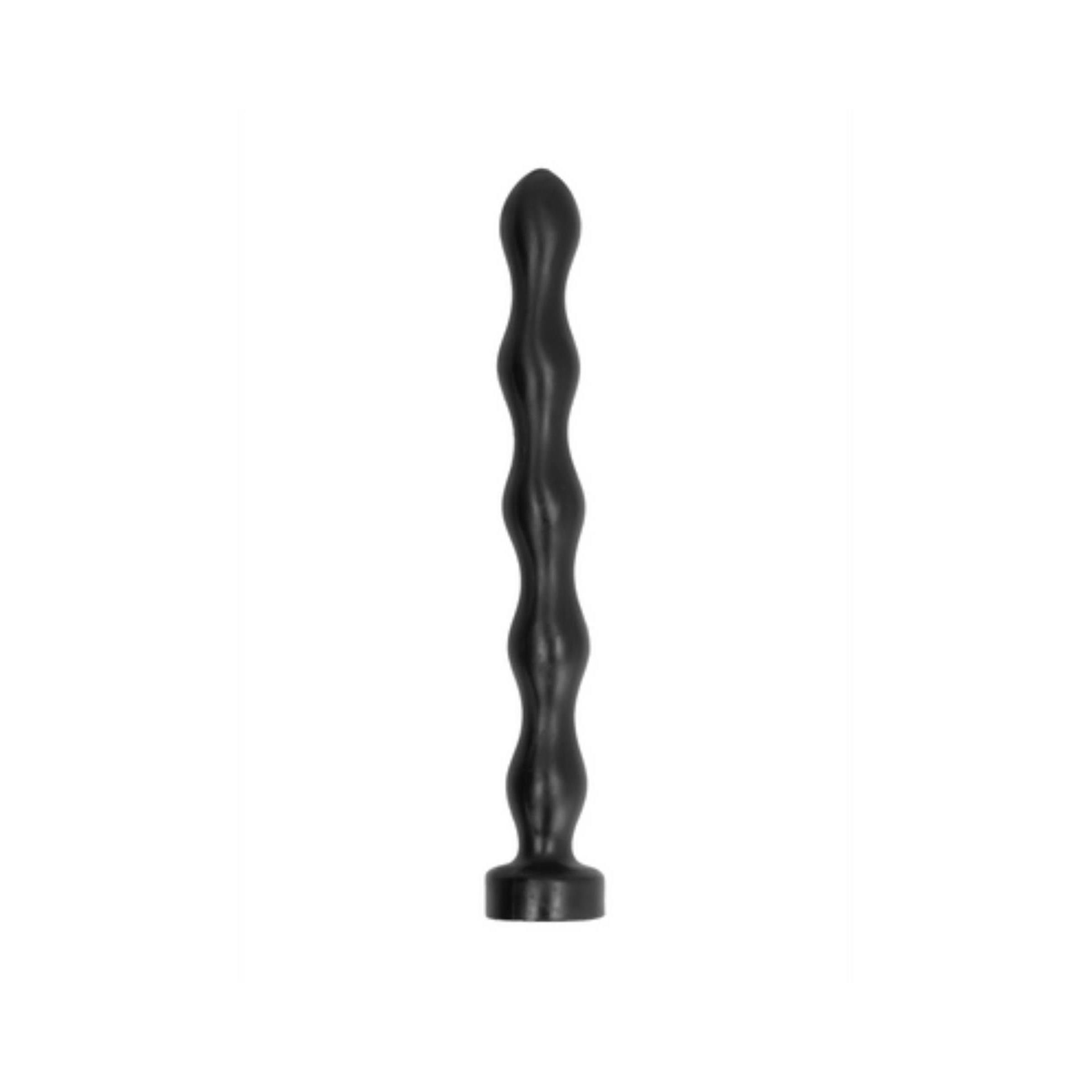 Dildo noir avec un design ondulé et une base large.
