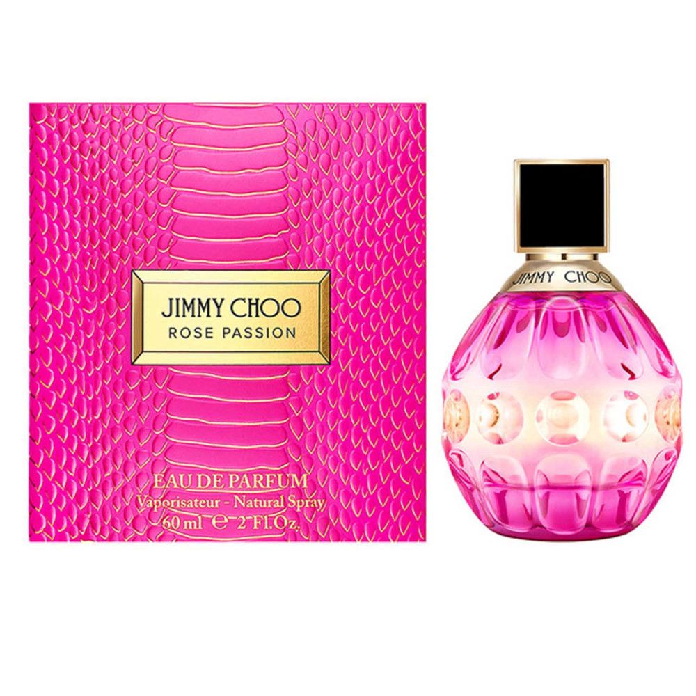 Roze Jimmy Choo Rose Passion fles en verpakking. Ronde, roze fles met zwarte dop. Roze verpakking met slangenpatroon.