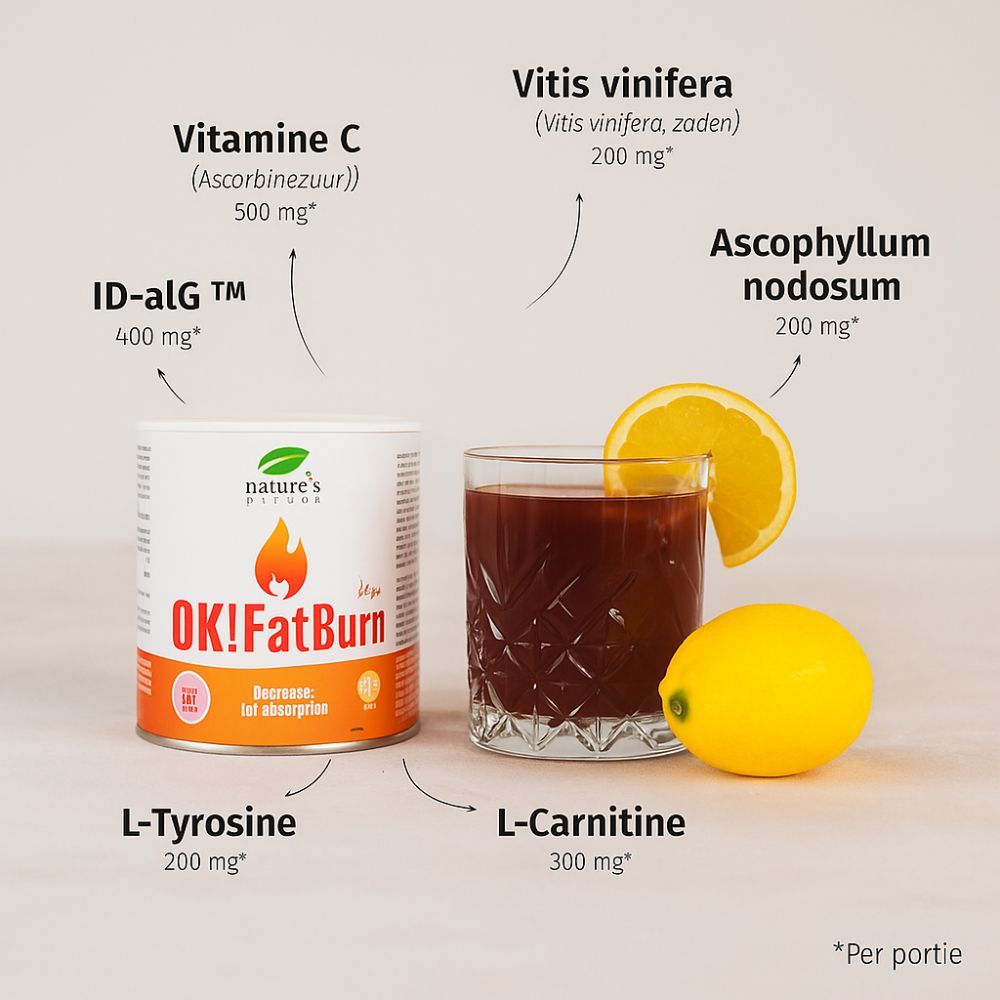 Pot OK!FatBurn, Nature's Finest. Ingrediënten: Vitamine C, Vitis vinifera, Ascophyllum nodosum, L-Tyrosine, L-Carnitine.