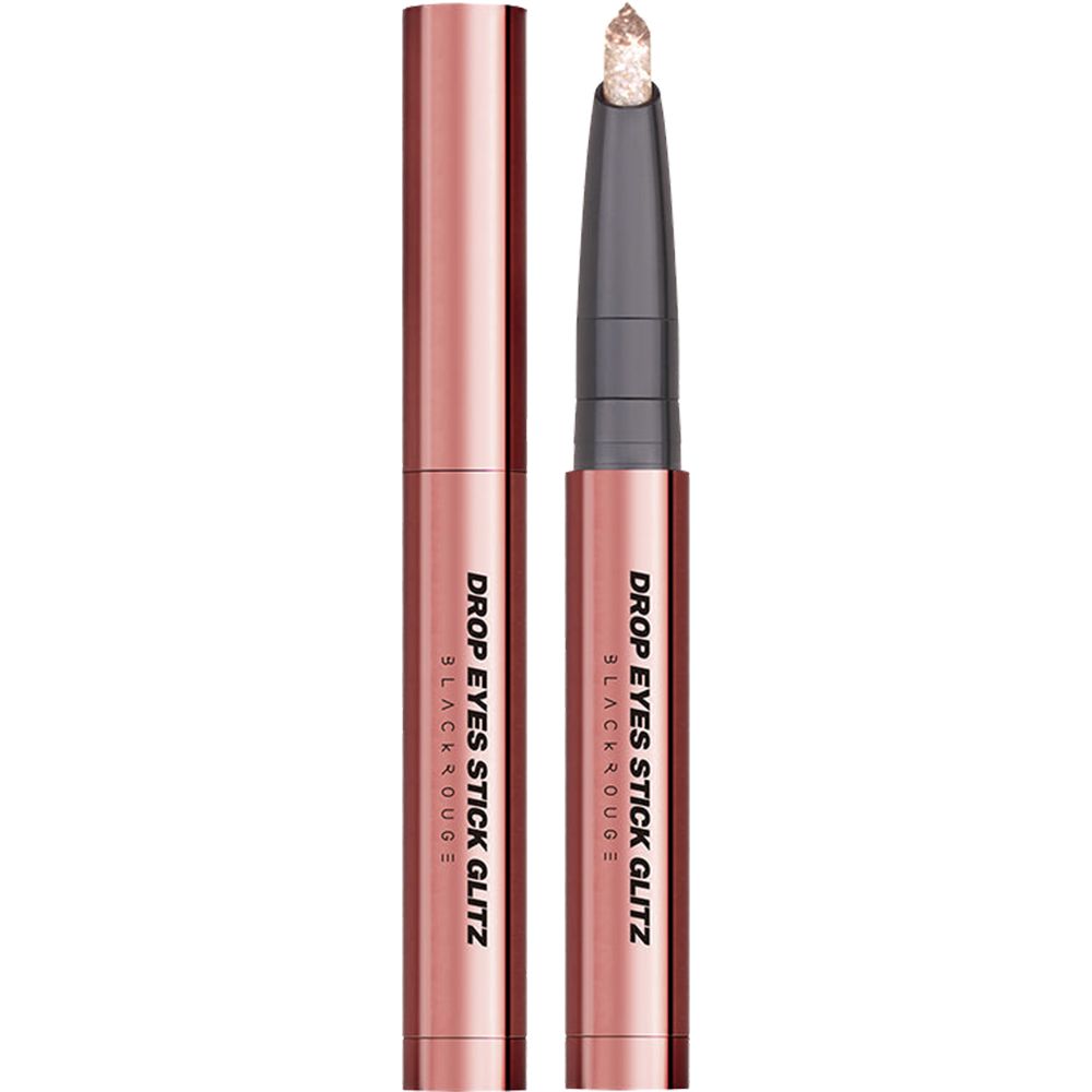 Un fard à paupières Drop Eyes Stick Glitz doré, partiellement ouvert. Le bâton a un corps en métal rose et un applicateur noir.