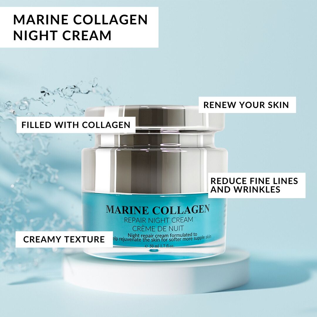 Pot Marine Collagen nachtcrème op voetstuk. Tekst: Marine Collagen, Repair Night Cream, Crème de Nuit. Opschriften: 'Vol met collageen', 'Vermindert fijne lijntjes'.