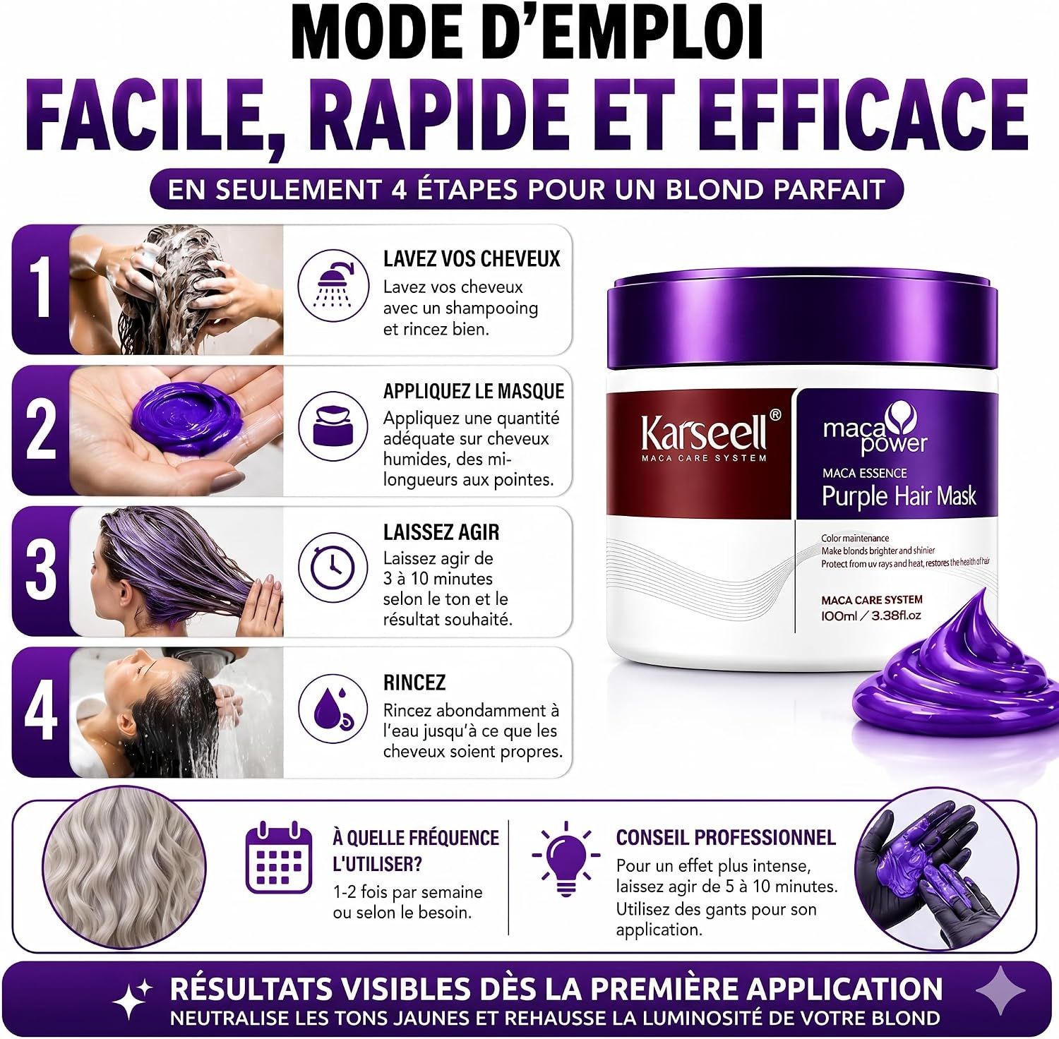 KARSEELL Masque Violet Anti-jaunissement pour Cheveux Blonds et Gris