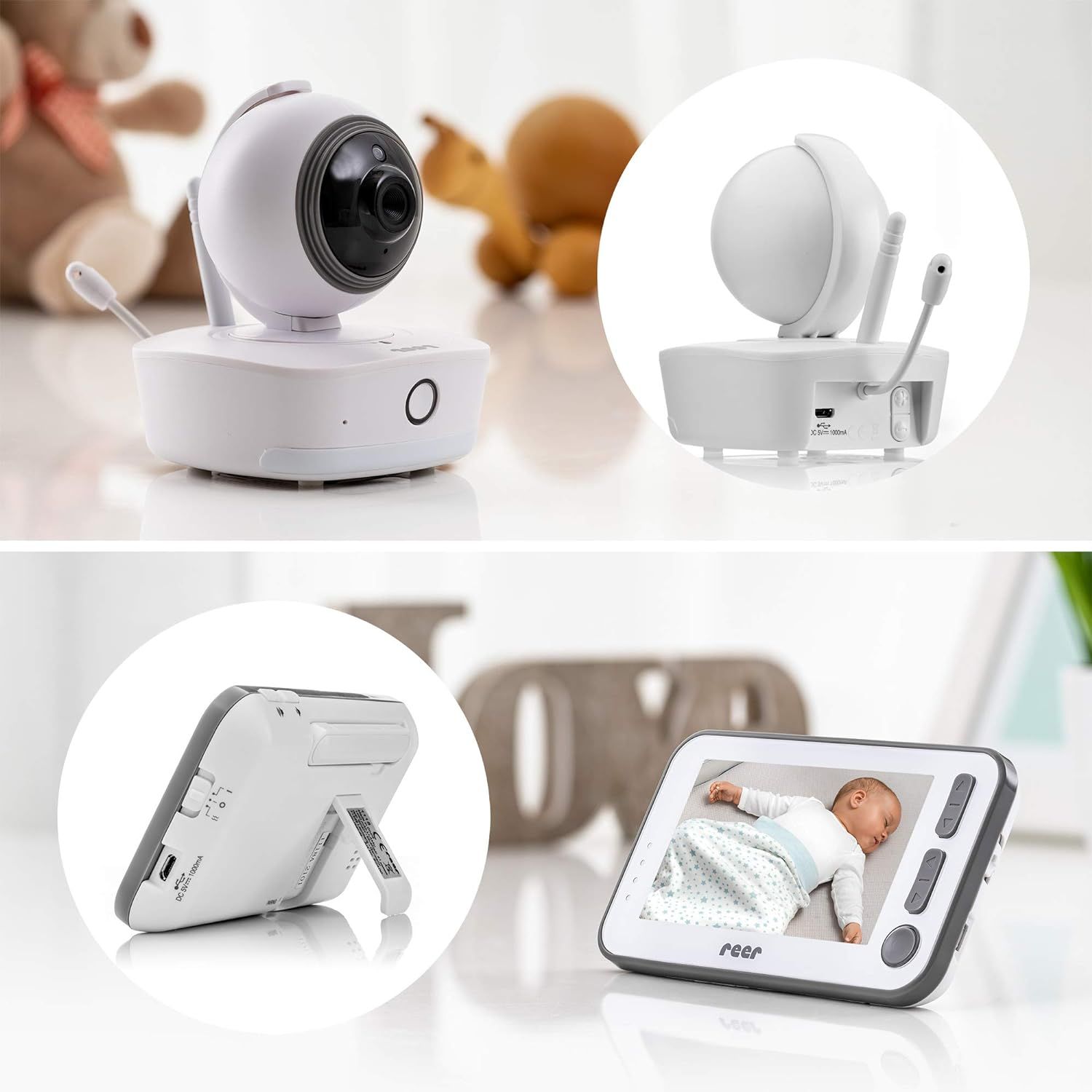 Ensemble babyphone avec caméra et écran. Caméra blanche, ronde. L'écran montre un bébé. Différentes vues.