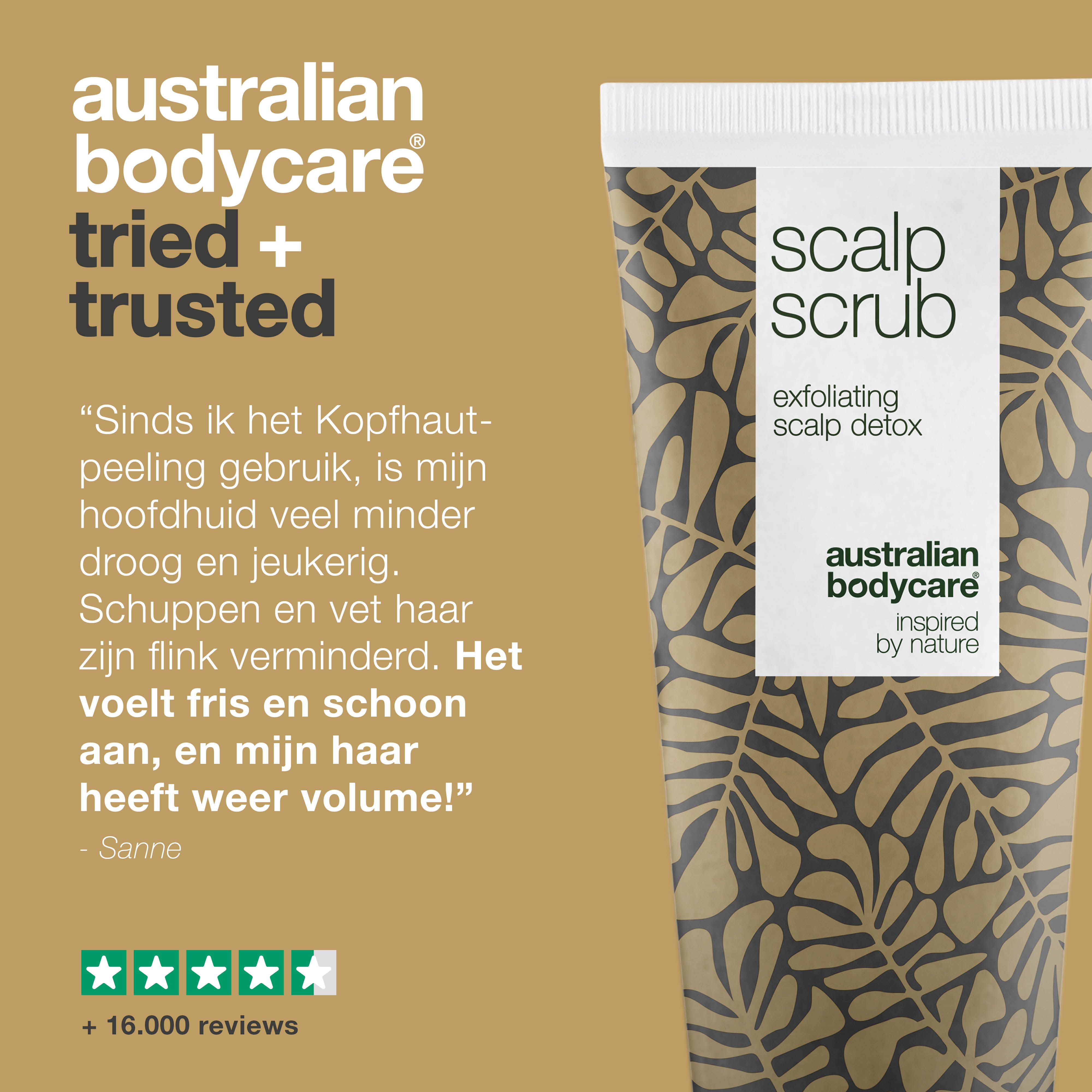 Tube SCALP SCRUB. Tekst: Australian Bodycare, tried + trusted. Citaat. 5 sterren beoordeling. +16.000 beoordelingen.