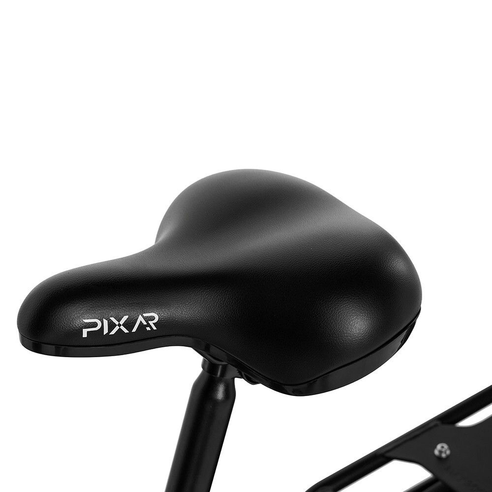 Selle de vélo noire avec logo PIXAR. Forme ergonomique.